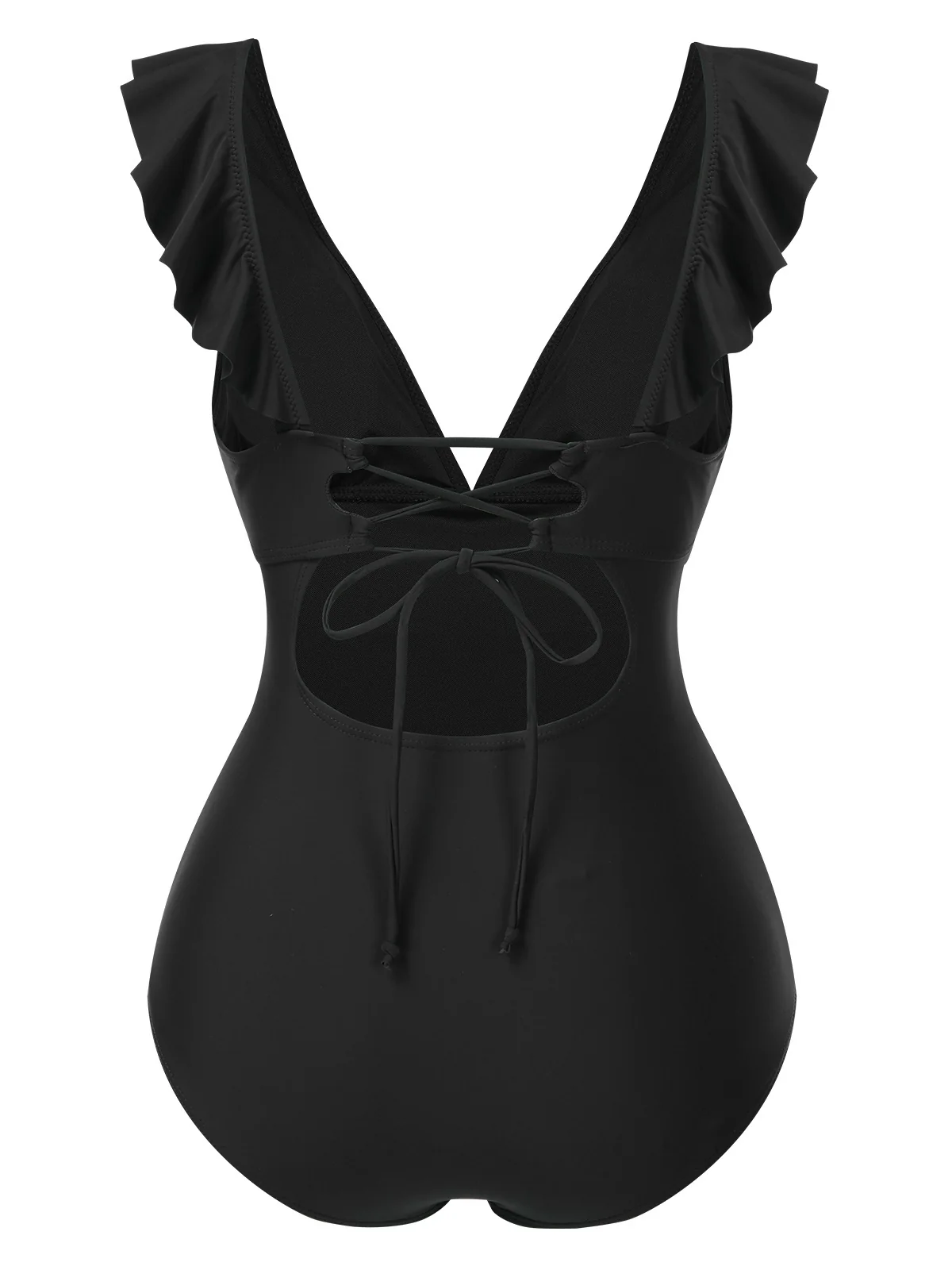1940s Solid Ruffle Collar Lace-Up Swimsuit - Image 7