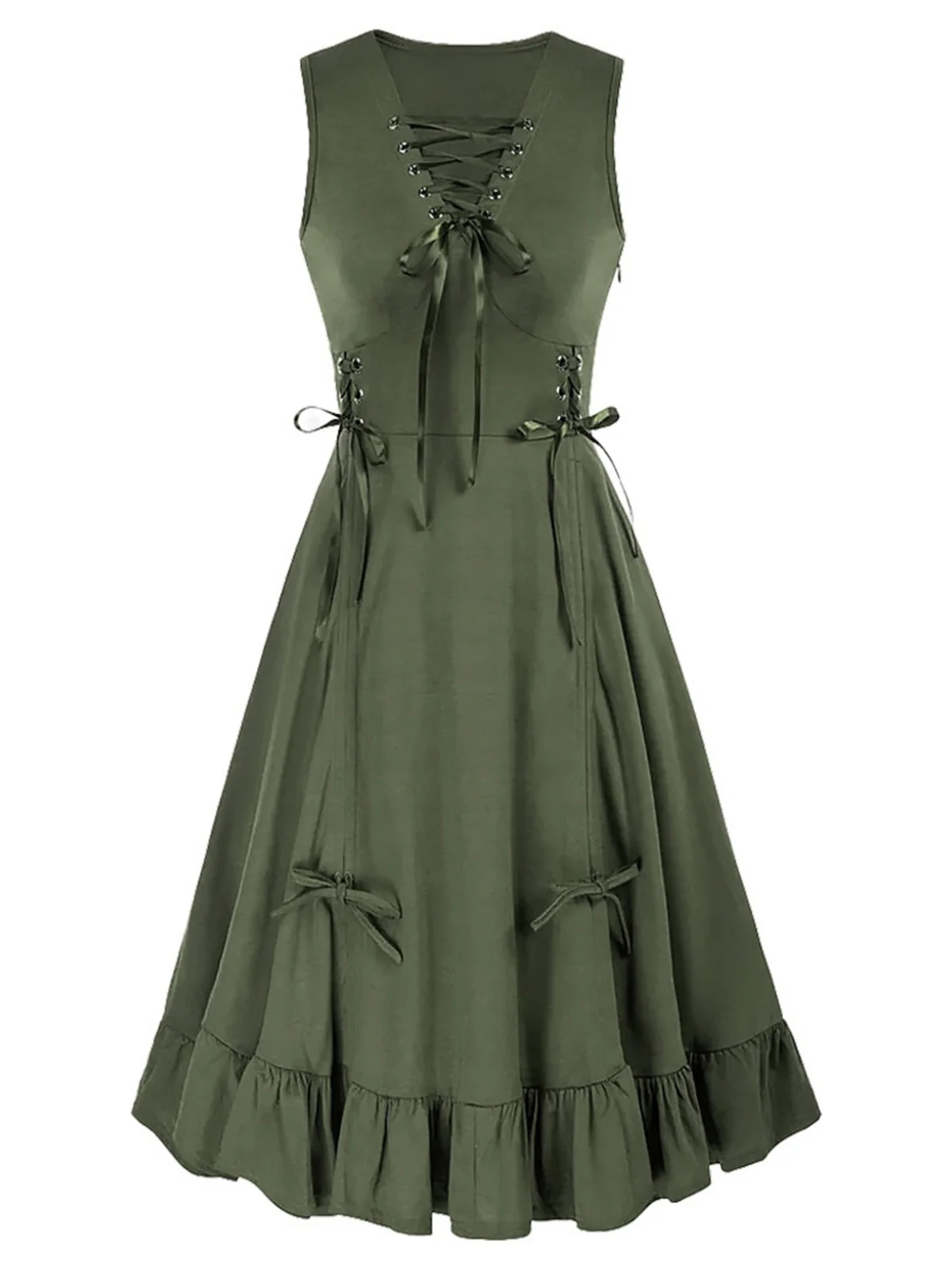 1940s Solid Sleeveless Drawstring Lace-Up Dress - Image 2