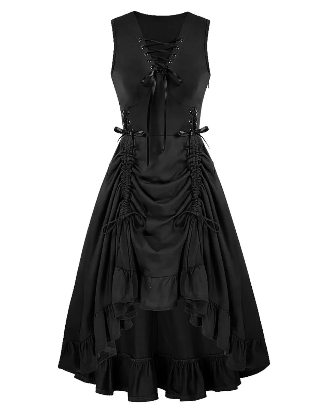 1940s Solid Sleeveless Drawstring Lace-Up Dress - Image 4