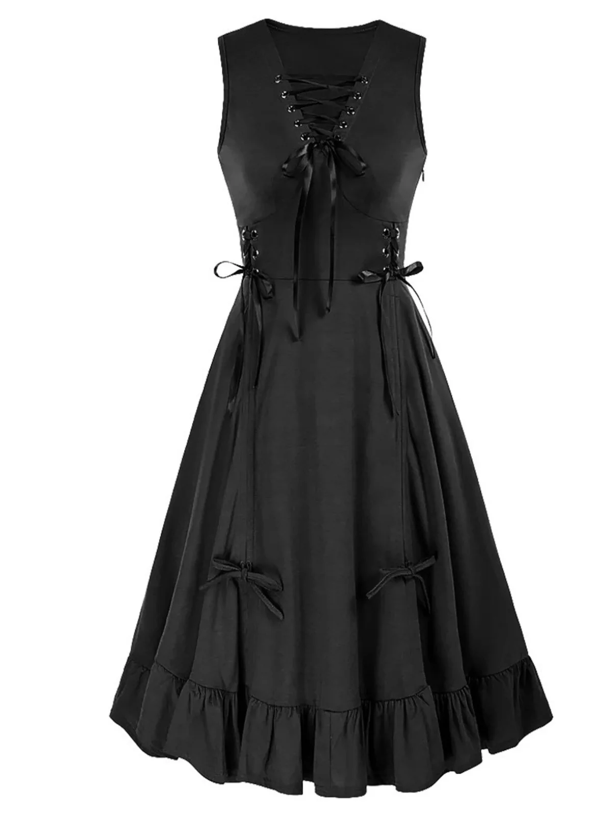 1940s Solid Sleeveless Drawstring Lace-Up Dress - Image 5