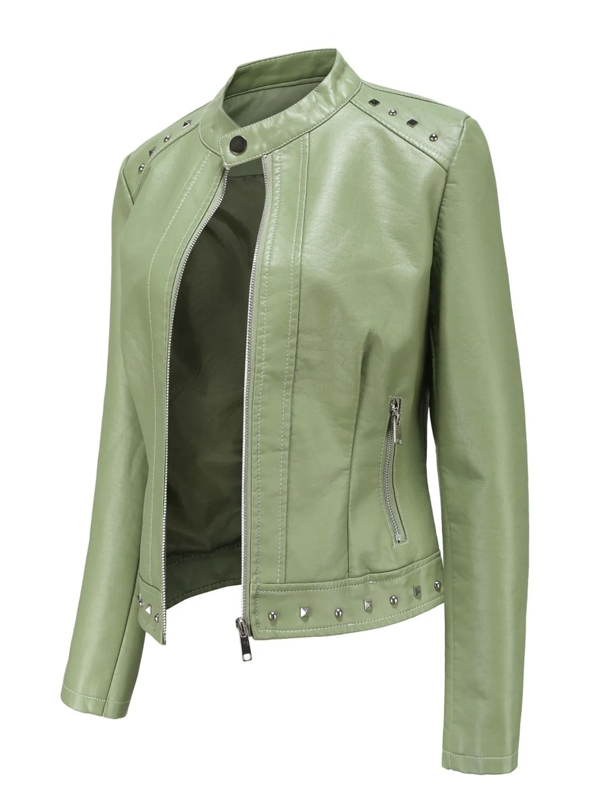 1940s Solid Studded Stand Collar Leather Jacket - Image 2