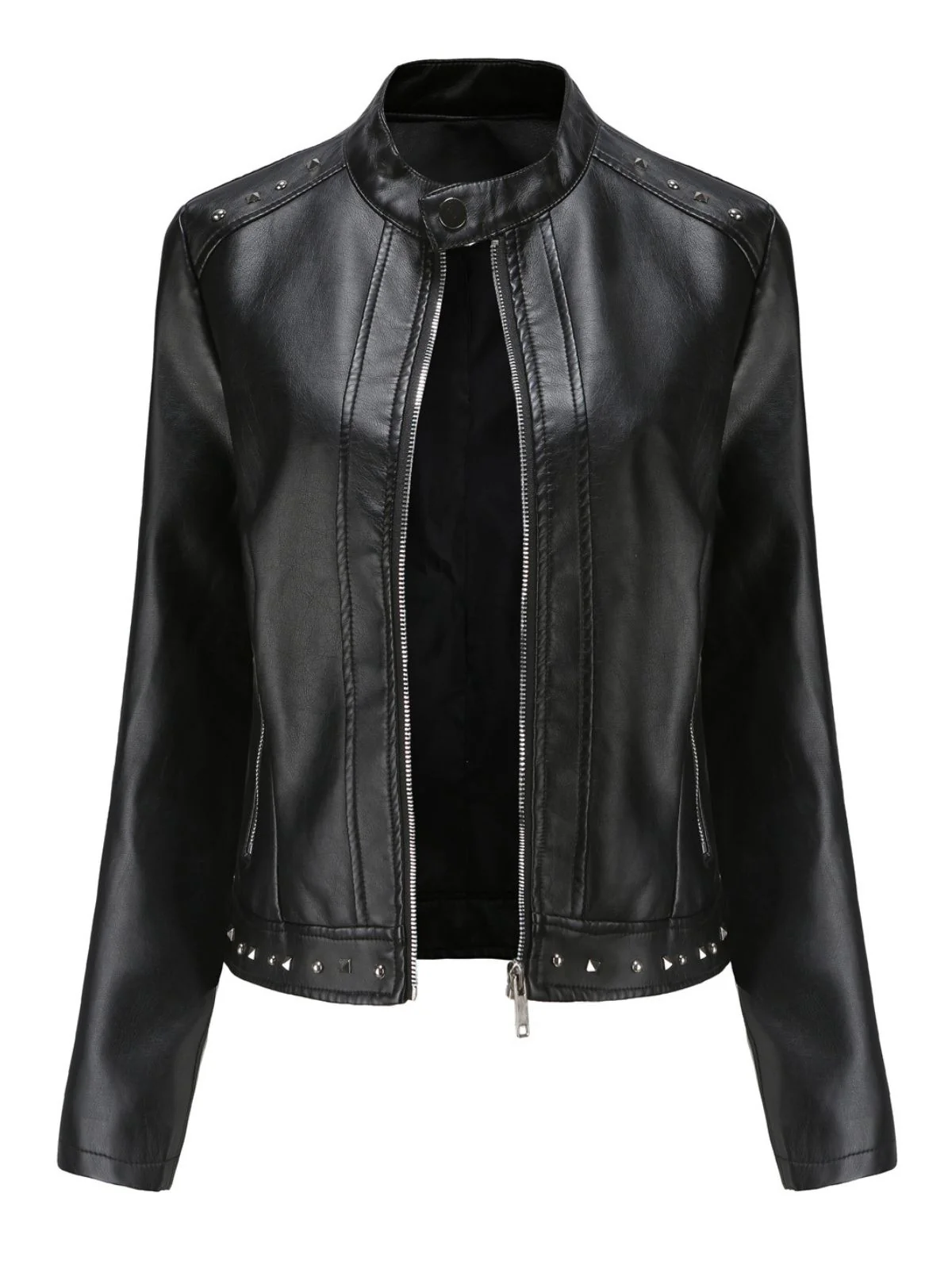 1940s Solid Studded Stand Collar Leather Jacket - Image 5