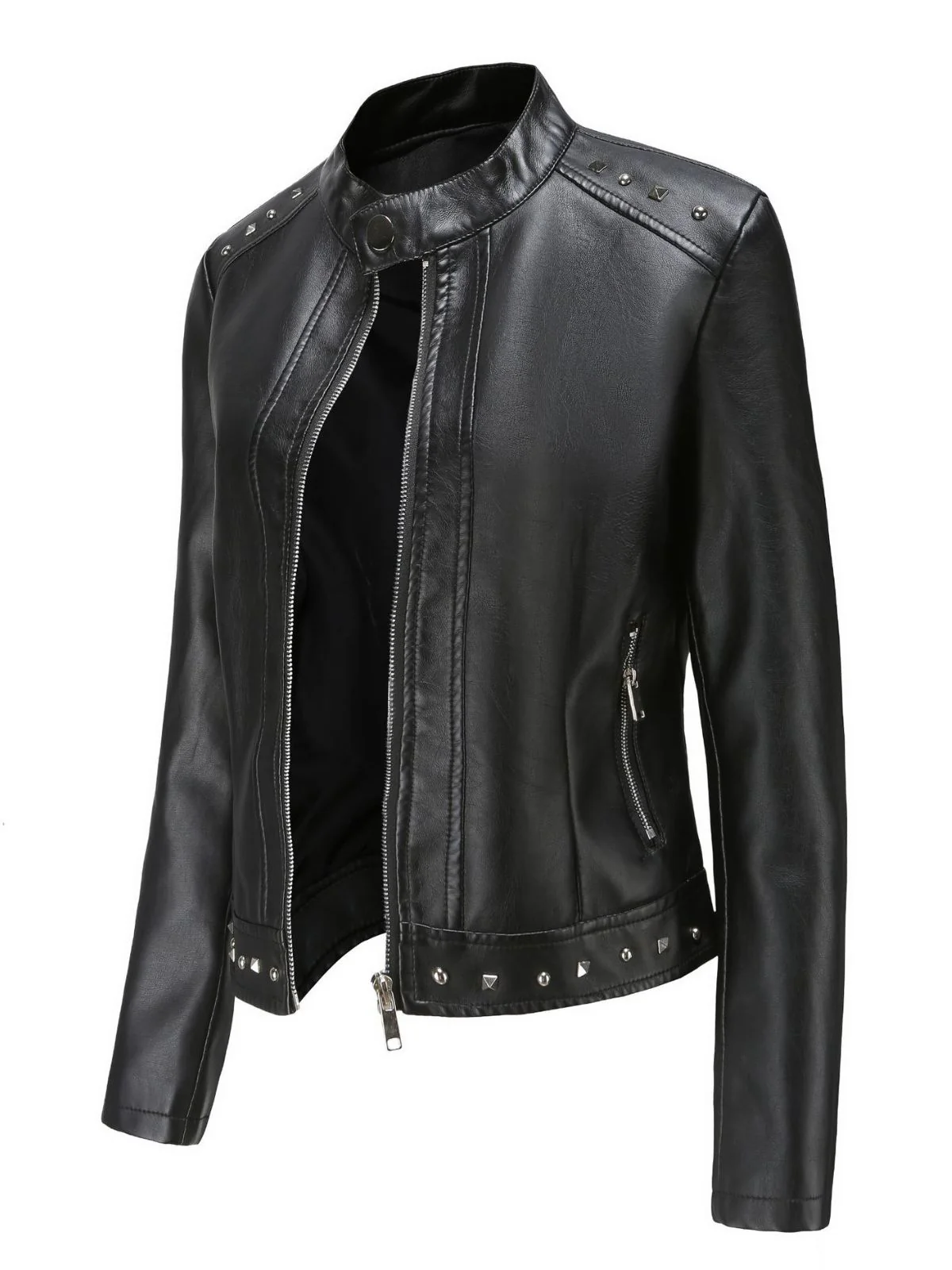 1940s Solid Studded Stand Collar Leather Jacket - Image 8