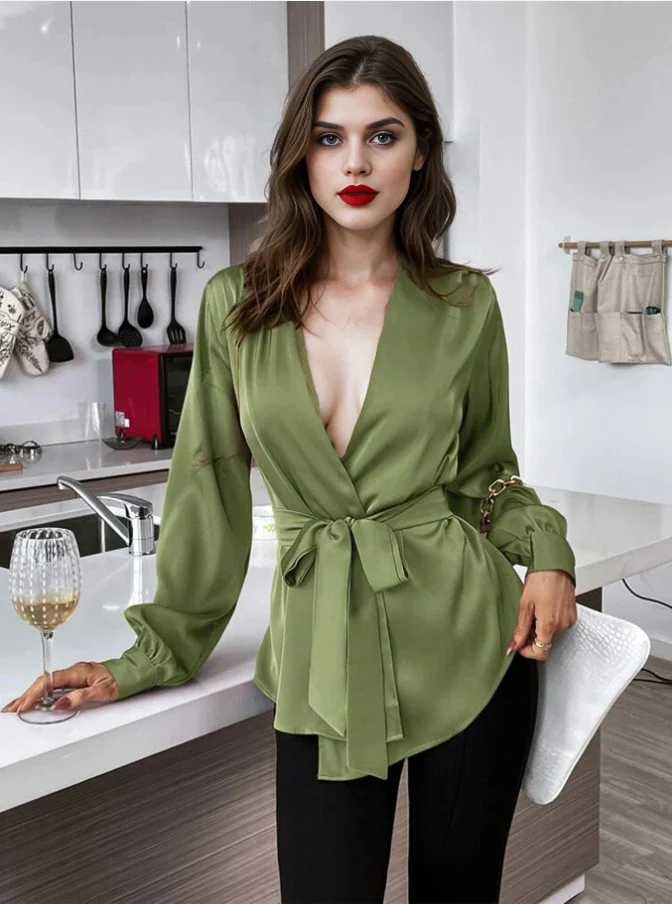 1940s Solid Surplice V-Neck Silky Blouse - Image 10