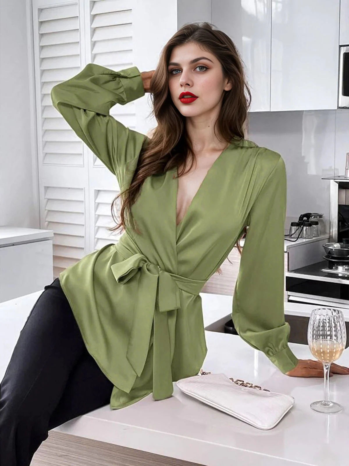 1940s Solid Surplice V-Neck Silky Blouse - Image 9