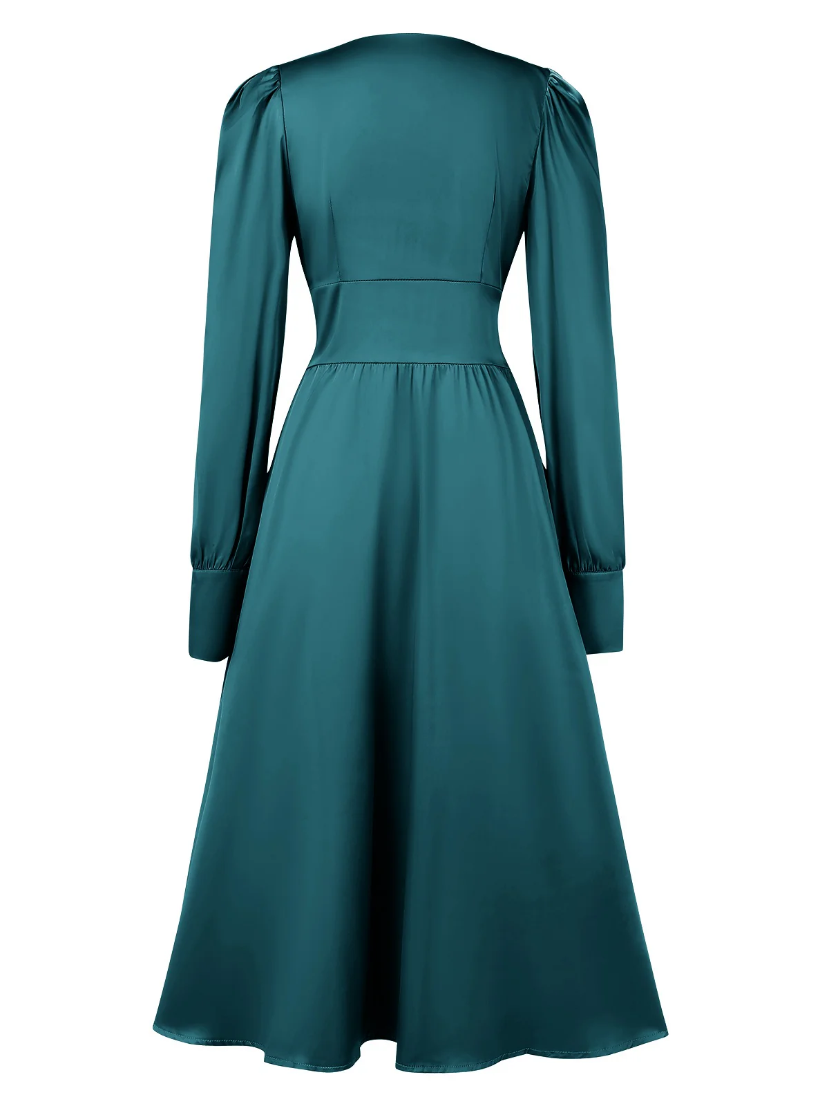 1940s Solid V-Neck Faux Satin Button Dress - Image 2