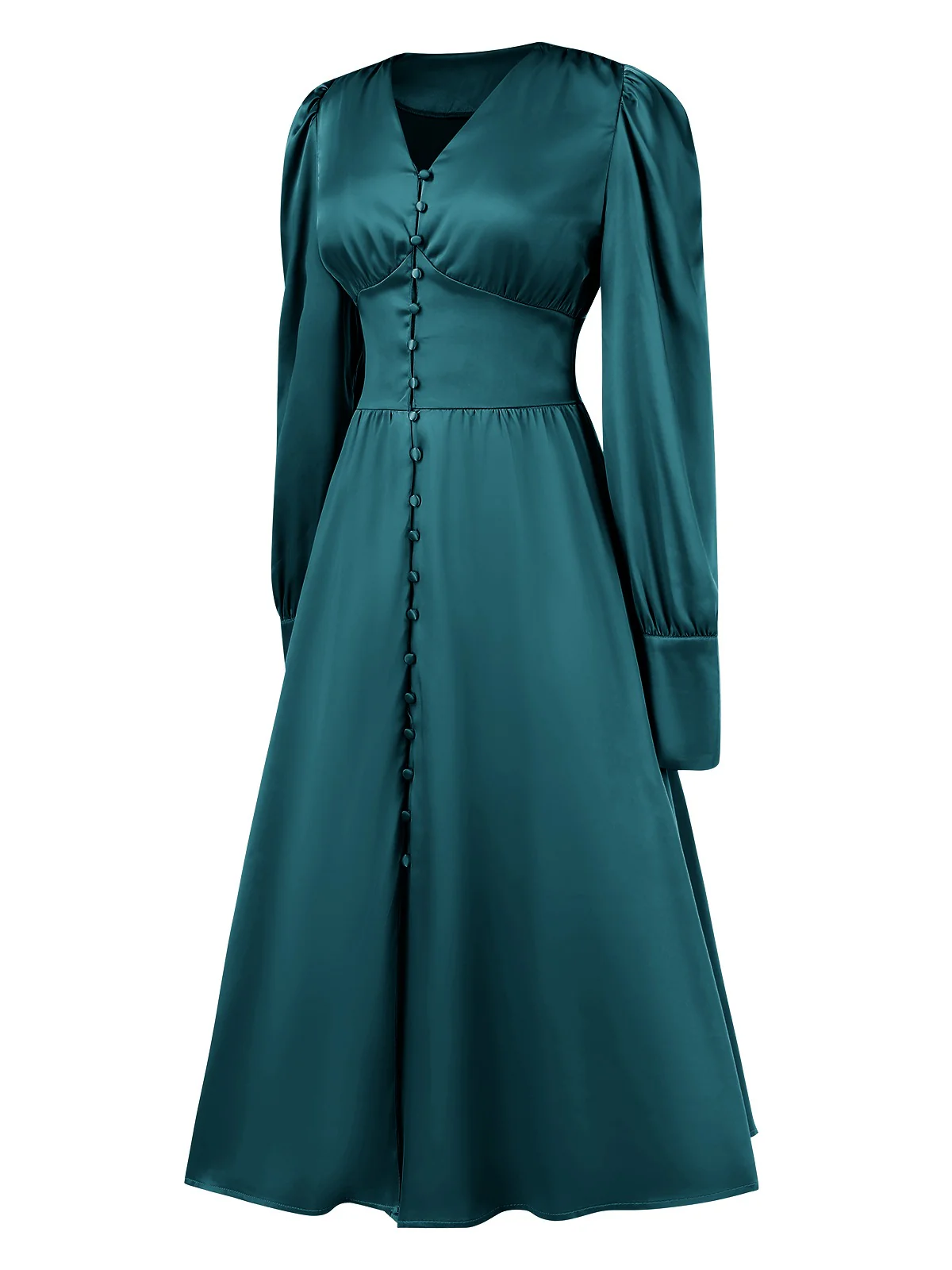 1940s Solid V-Neck Faux Satin Button Dress - Image 3