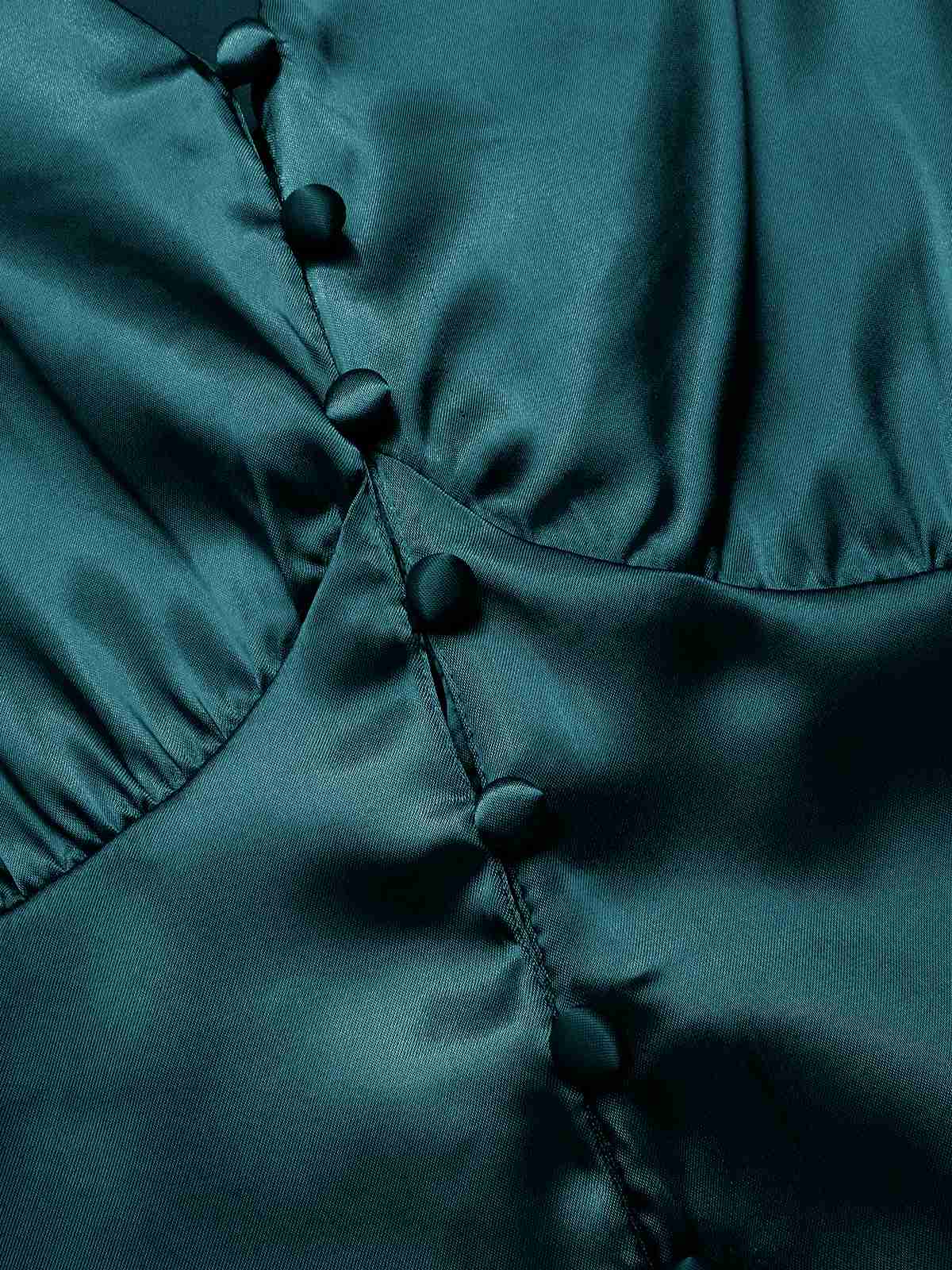 1940s Solid V-Neck Faux Satin Button Dress - Image 4