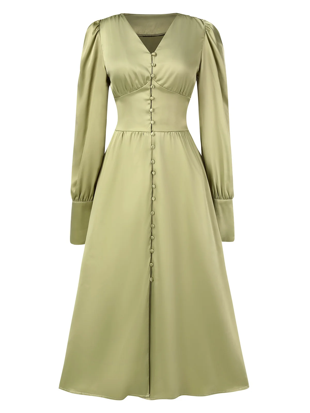 1940s Solid V-Neck Faux Satin Button Dress - Image 5