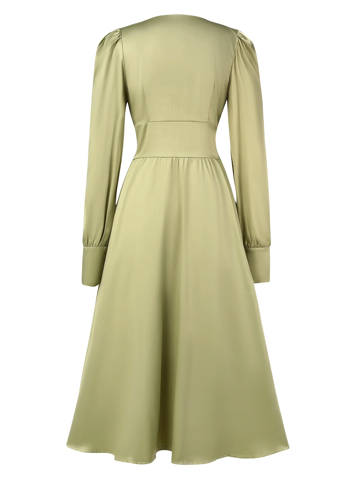 1940s Solid V-Neck Faux Satin Button Dress - Image 6