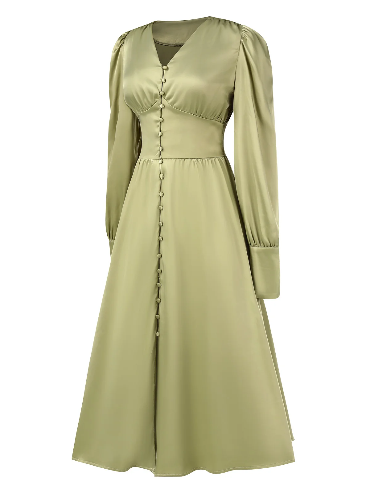1940s Solid V-Neck Faux Satin Button Dress - Image 7