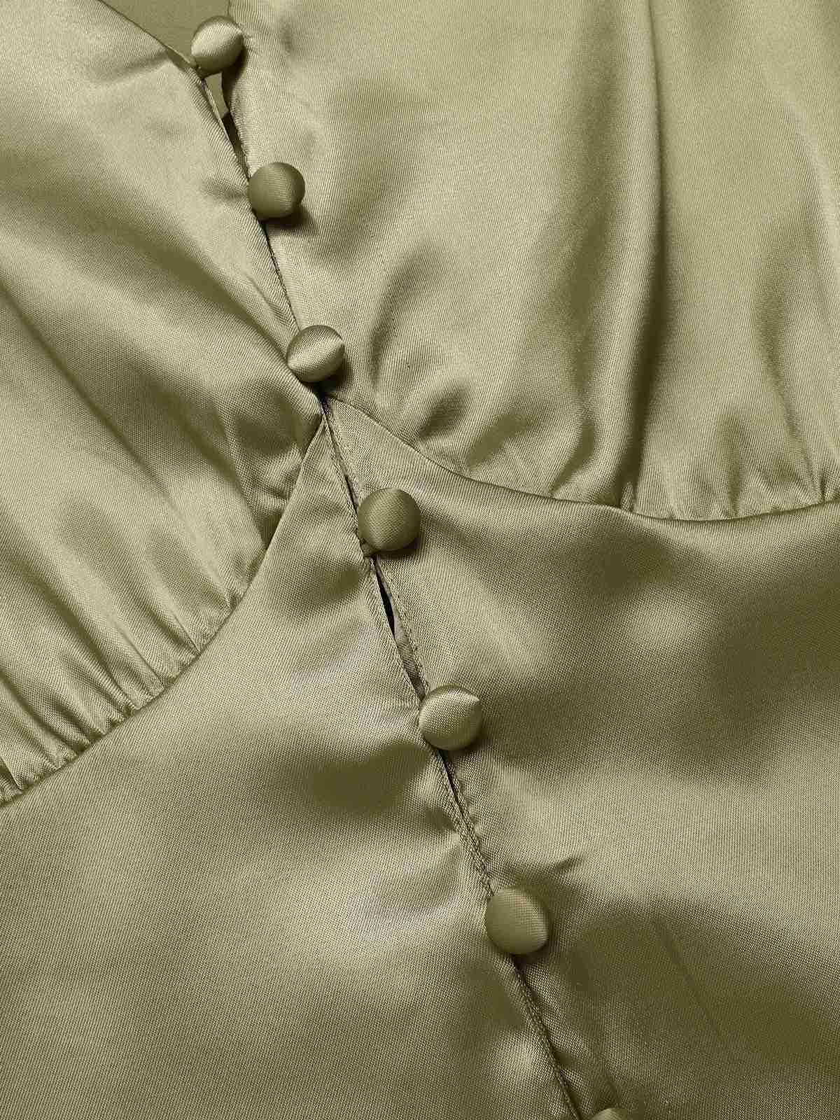 1940s Solid V-Neck Faux Satin Button Dress - Image 8