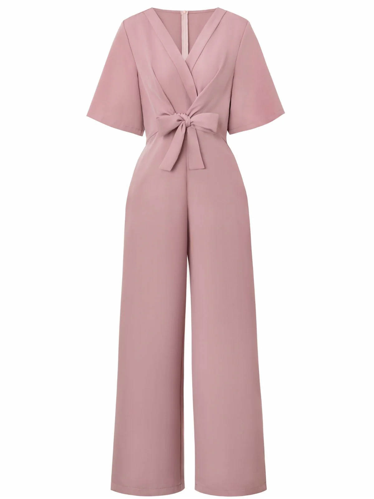 1940s Solid V-Neck Tie Short Sleeve Jumpsuit - Image 2