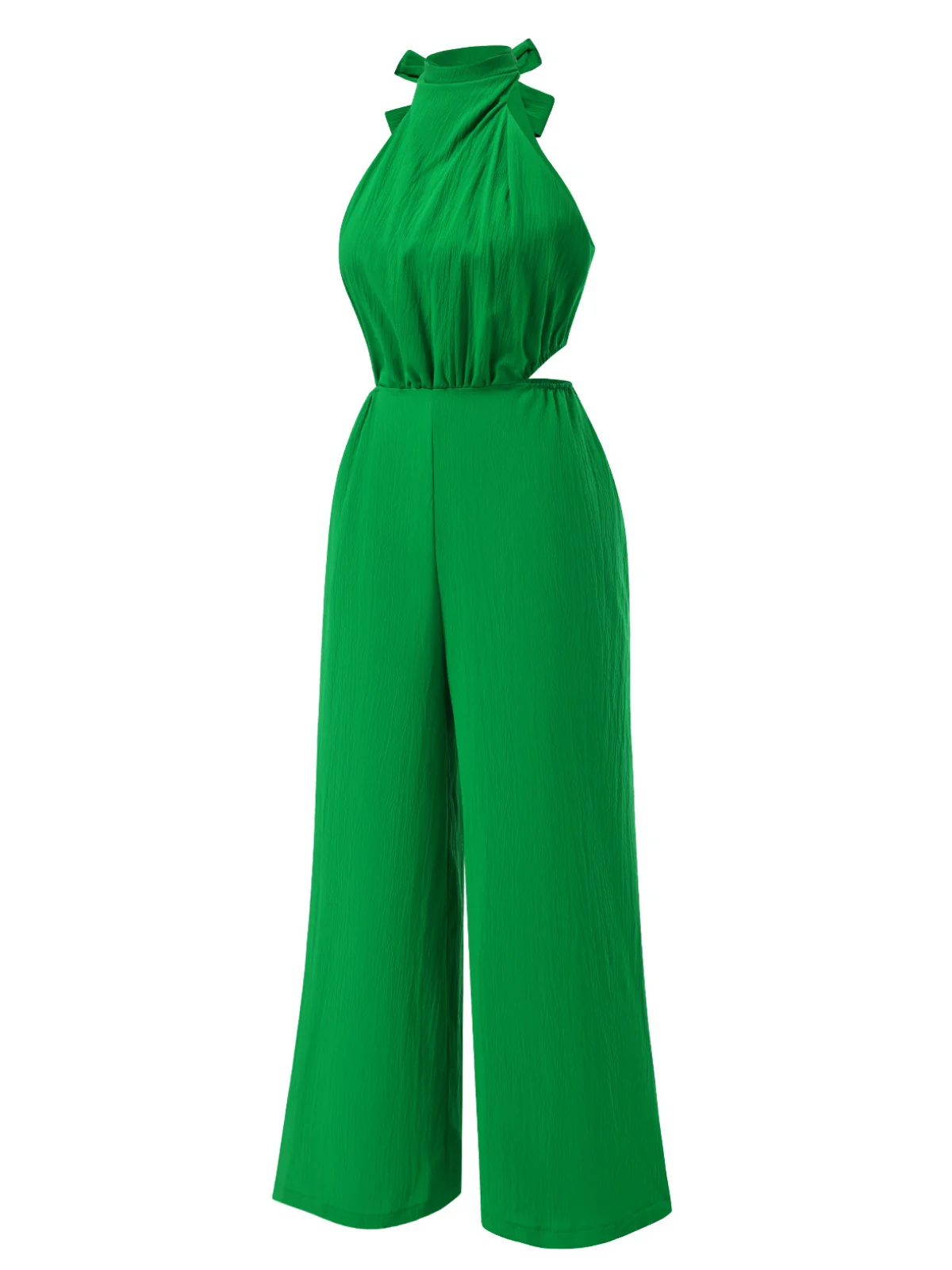 1940s Solid Waist Cutout Halter Wide-Leg Jumpsuit - Image 2