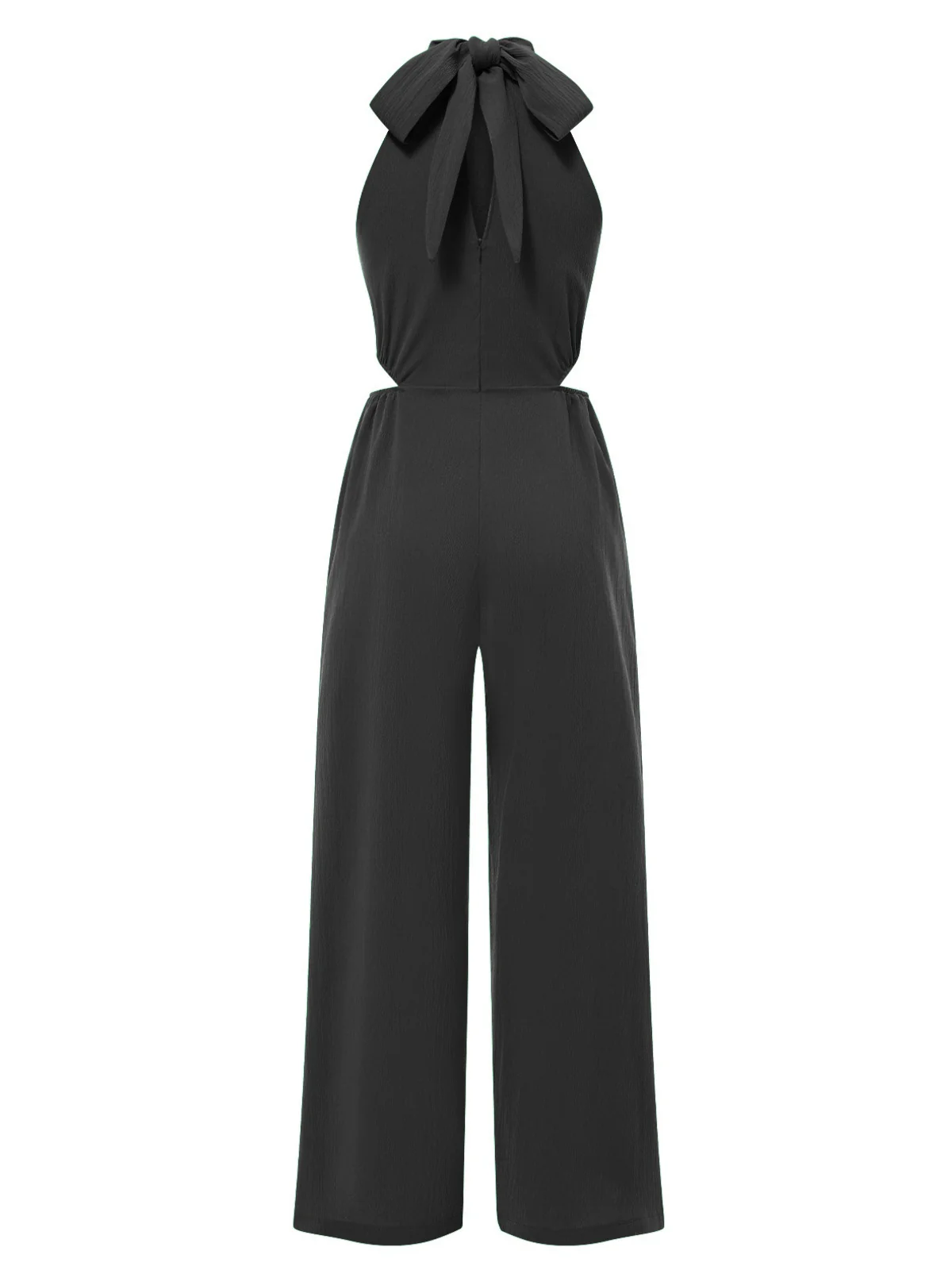 1940s Solid Waist Cutout Halter Wide-Leg Jumpsuit - Image 4