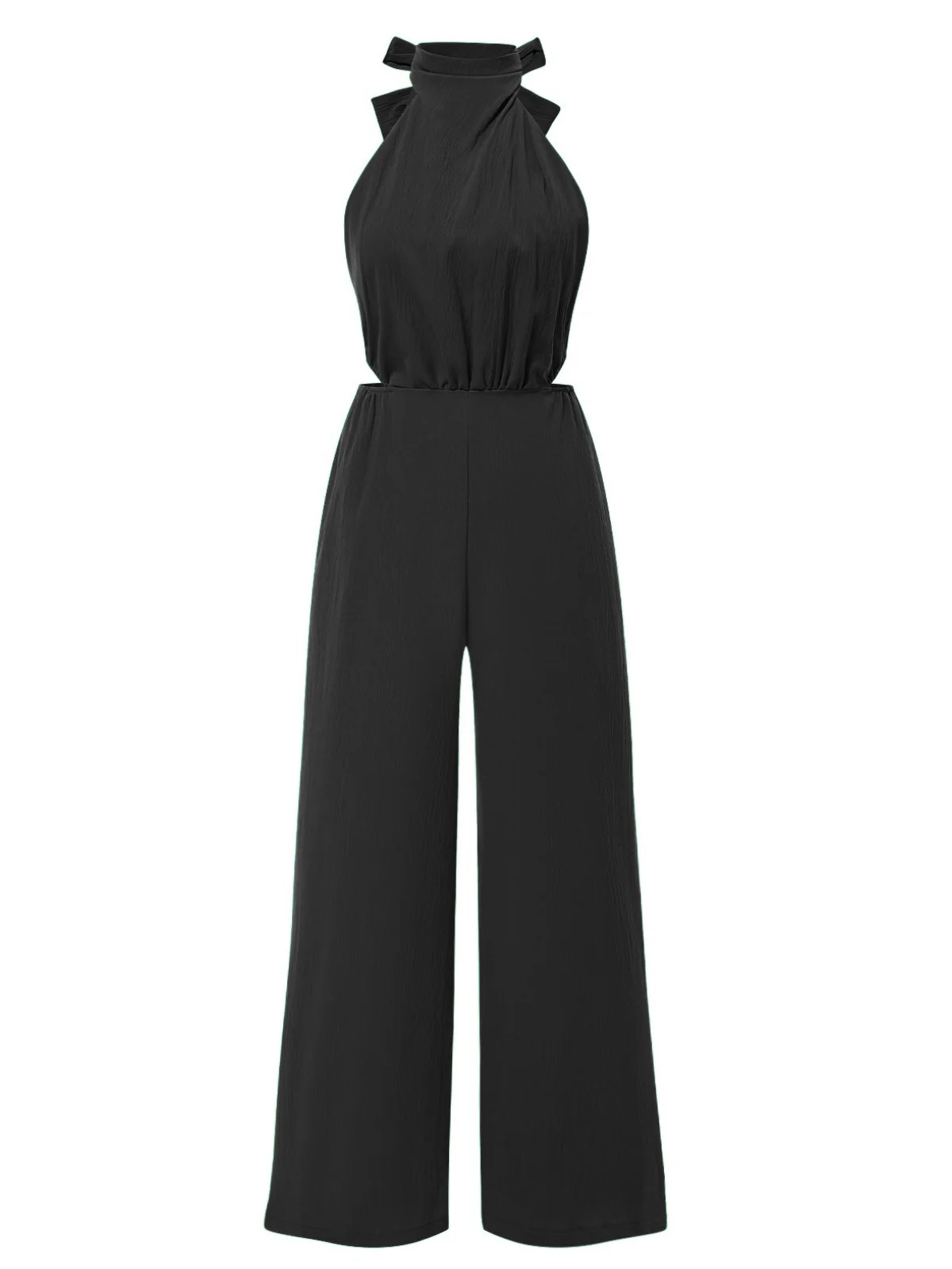1940s Solid Waist Cutout Halter Wide-Leg Jumpsuit - Image 5