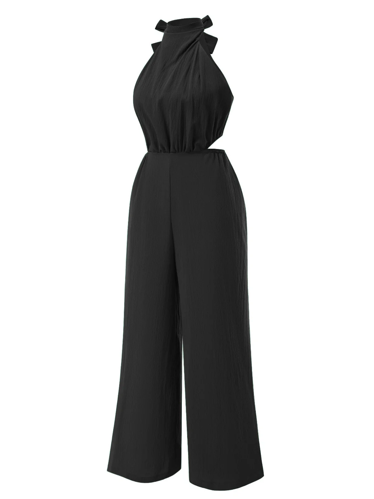 1940s Solid Waist Cutout Halter Wide-Leg Jumpsuit - Image 6