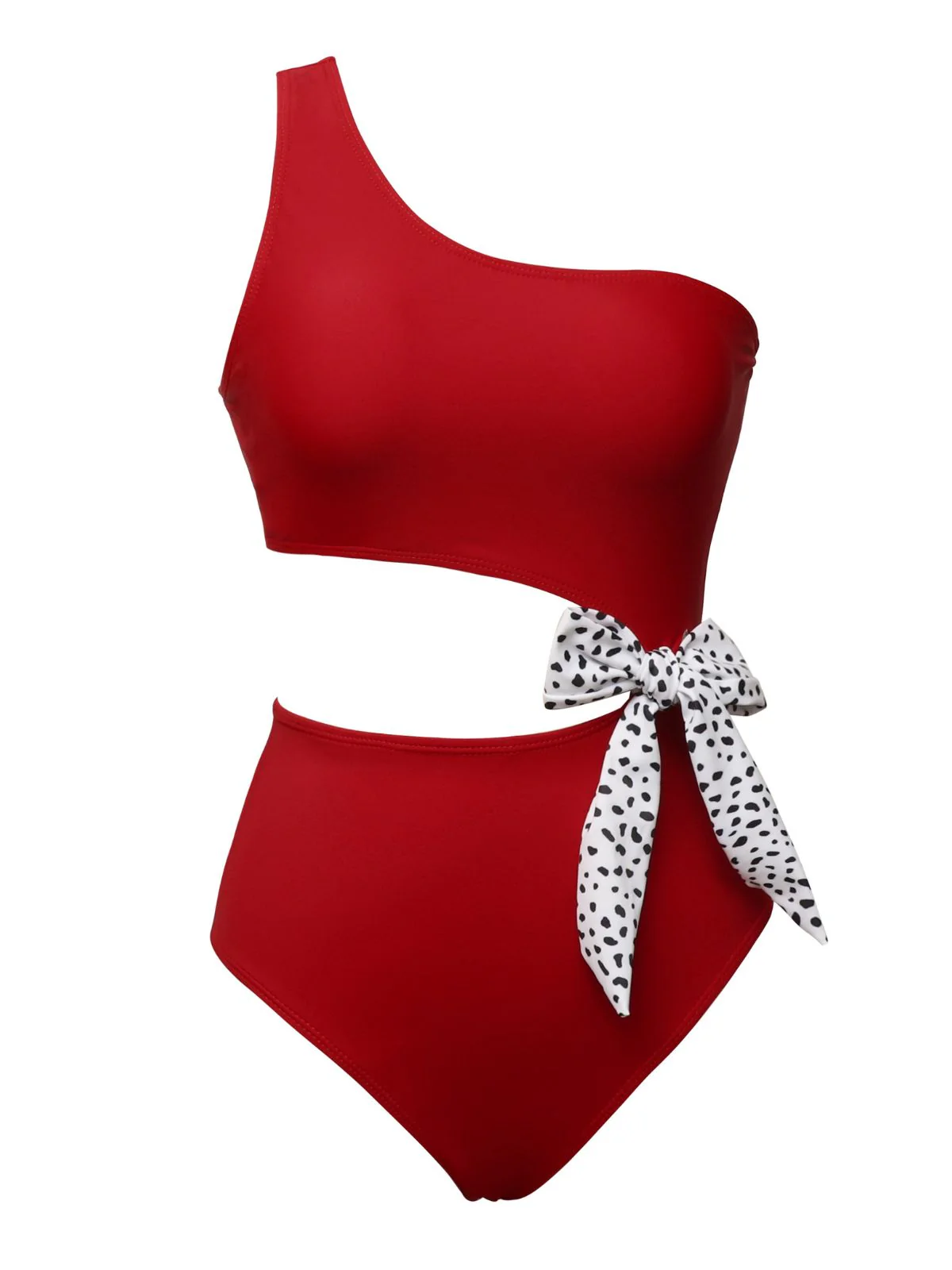 1940s Solid Waist Hollow Dots Bow Patchwork Swimsuit - Image 3