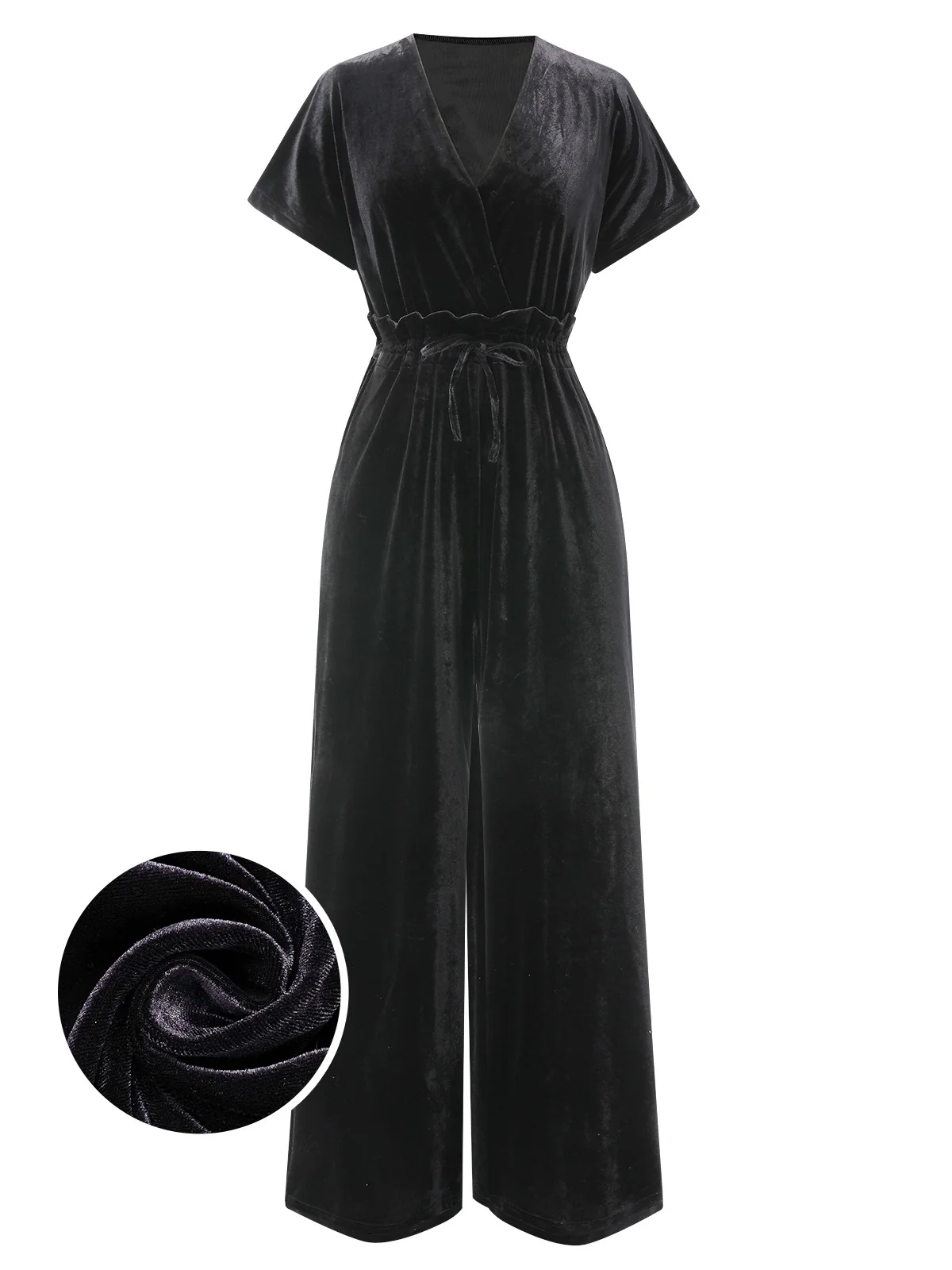 1940s Solid Waist Tie V-Neck Velvet Jumpsuit - Image 13