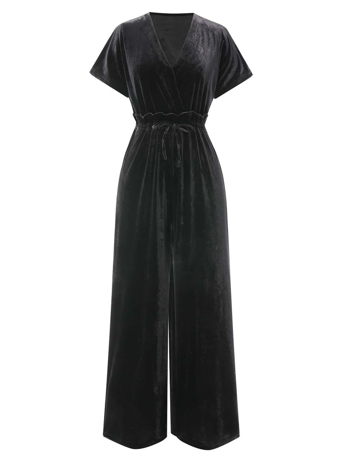 1940s Solid Waist Tie V-Neck Velvet Jumpsuit - Image 14