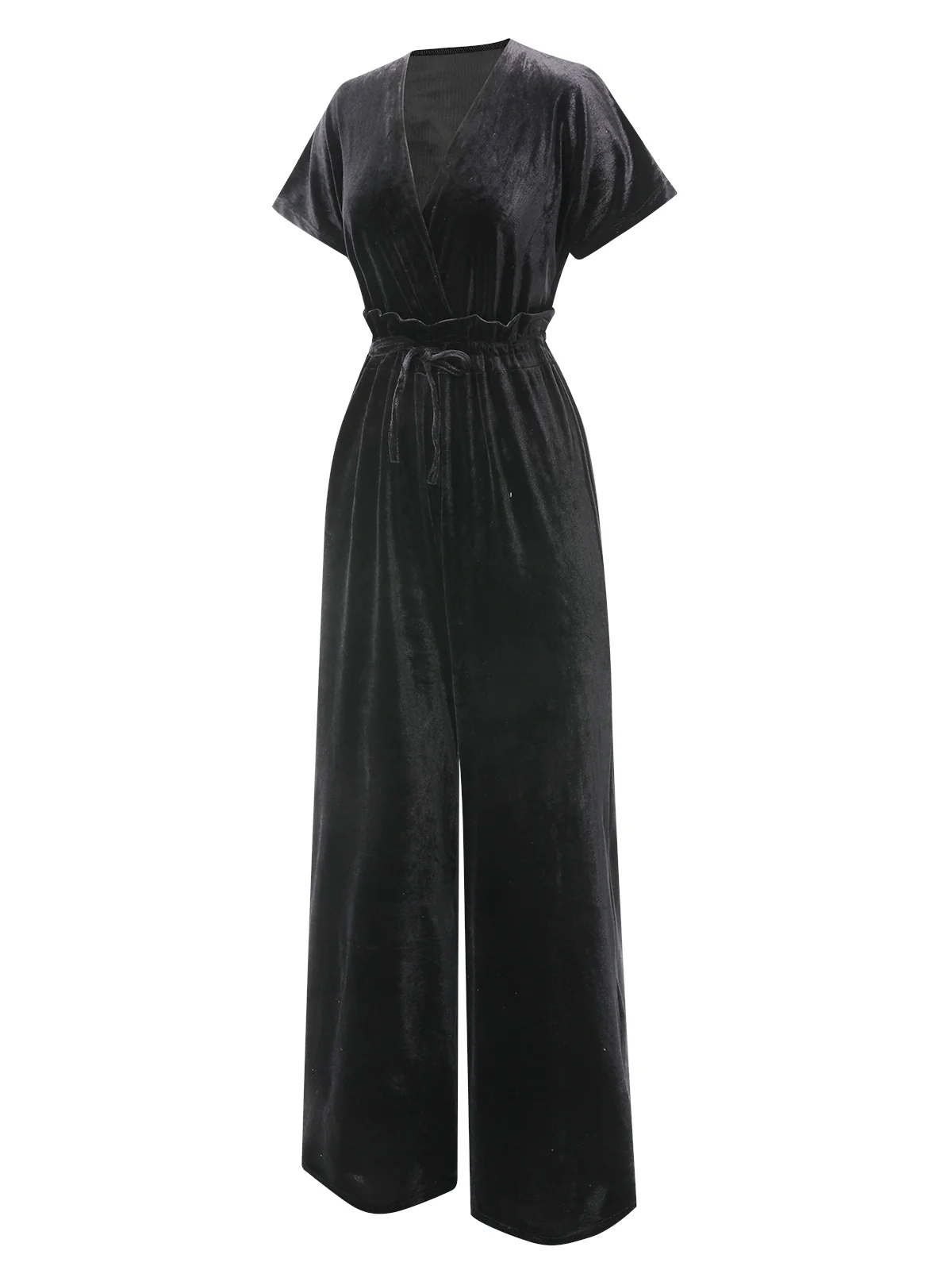 1940s Solid Waist Tie V-Neck Velvet Jumpsuit - Image 16
