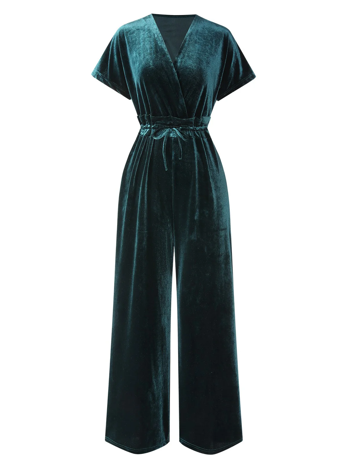 1940s Solid Waist Tie V-Neck Velvet Jumpsuit - Image 2
