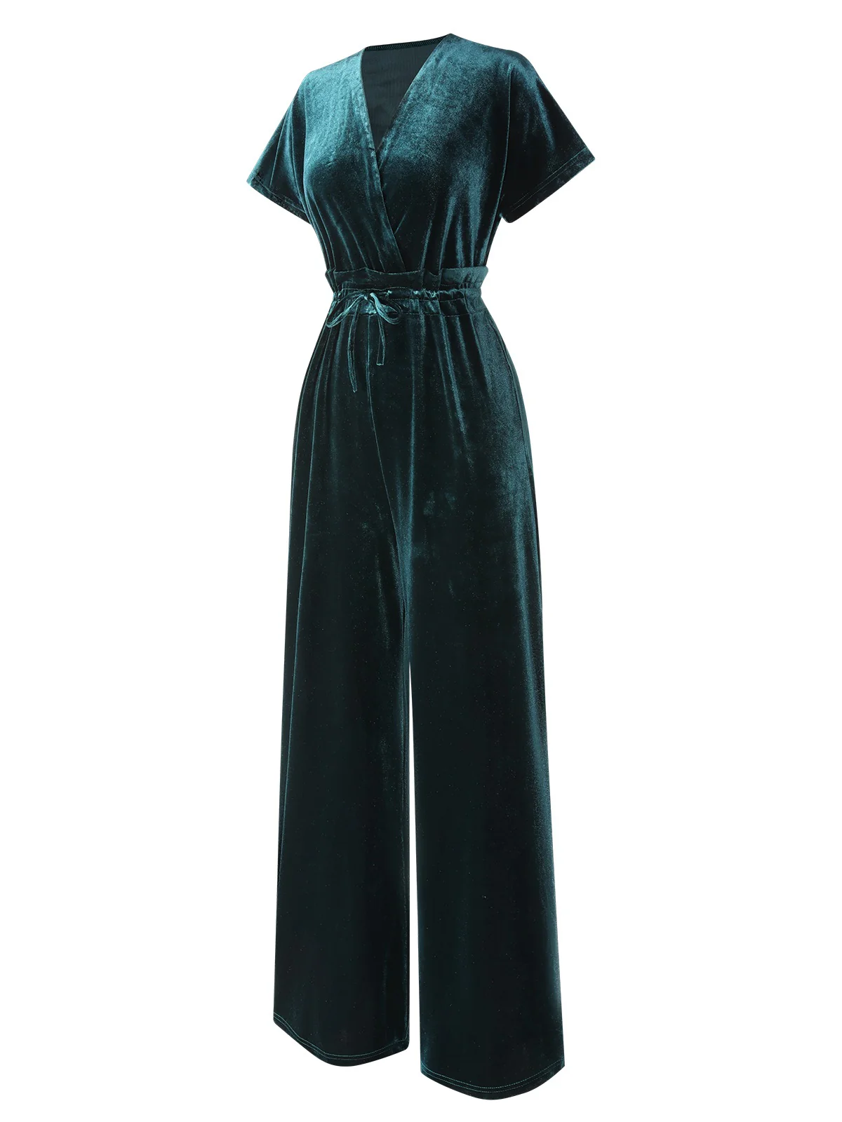 1940s Solid Waist Tie V-Neck Velvet Jumpsuit - Image 3