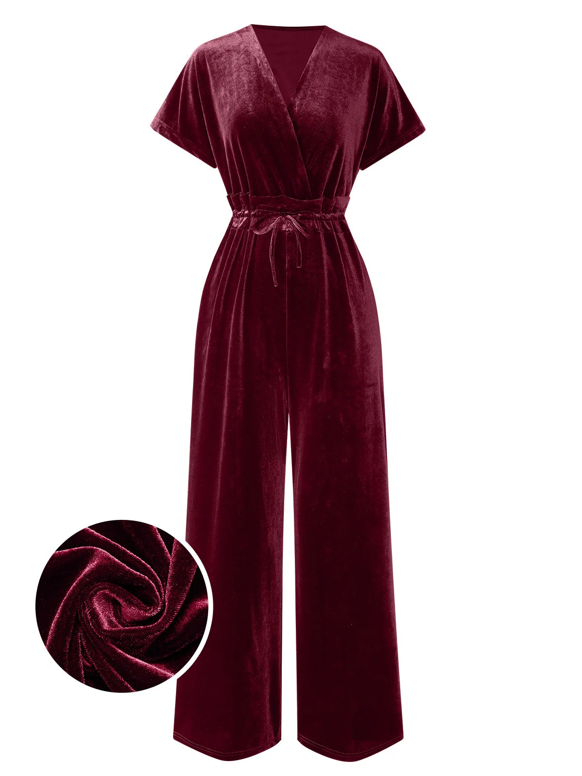 1940s Solid Waist Tie V-Neck Velvet Jumpsuit - Image 7