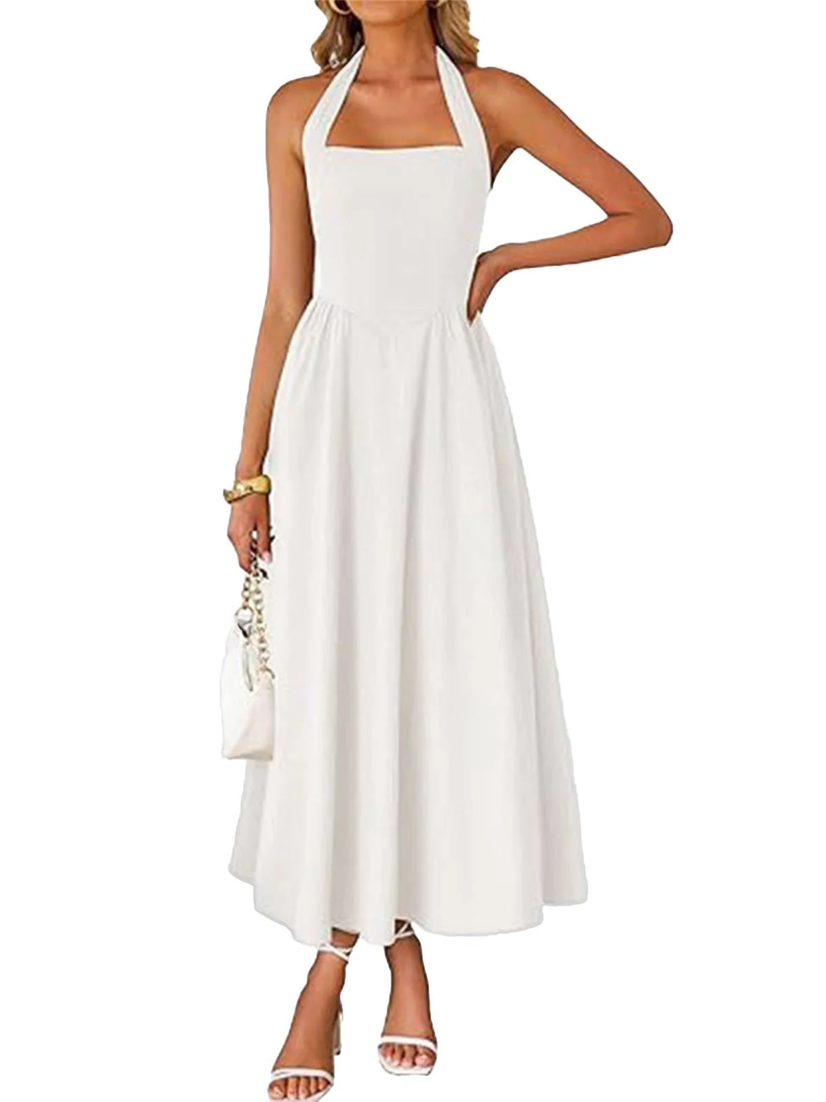 1940s Solid Wide-Strap Halter Backless Dress - Image 4
