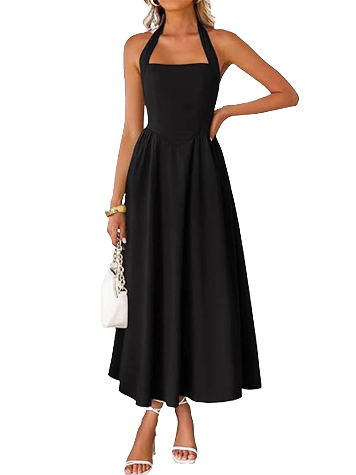 1940s Solid Wide-Strap Halter Backless Dress - Image 7