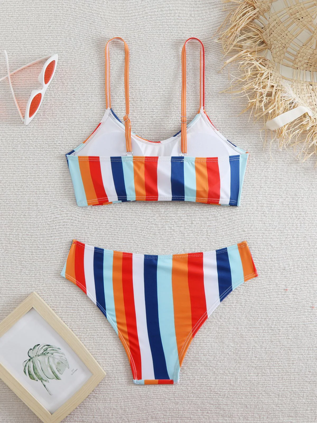 1940s Spaghetti Strap Bow Contrast Stripes Bikini - Image 10