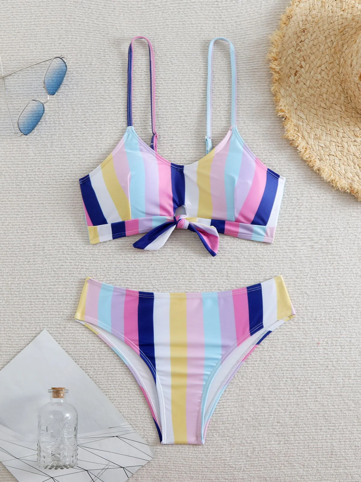 1940s Spaghetti Strap Bow Contrast Stripes Bikini - Image 14