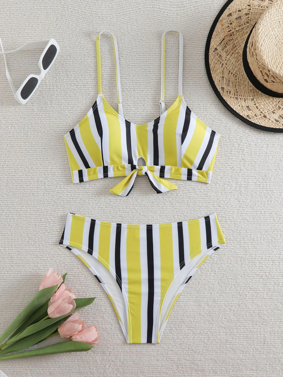 1940s Spaghetti Strap Bow Contrast Stripes Bikini - Image 4