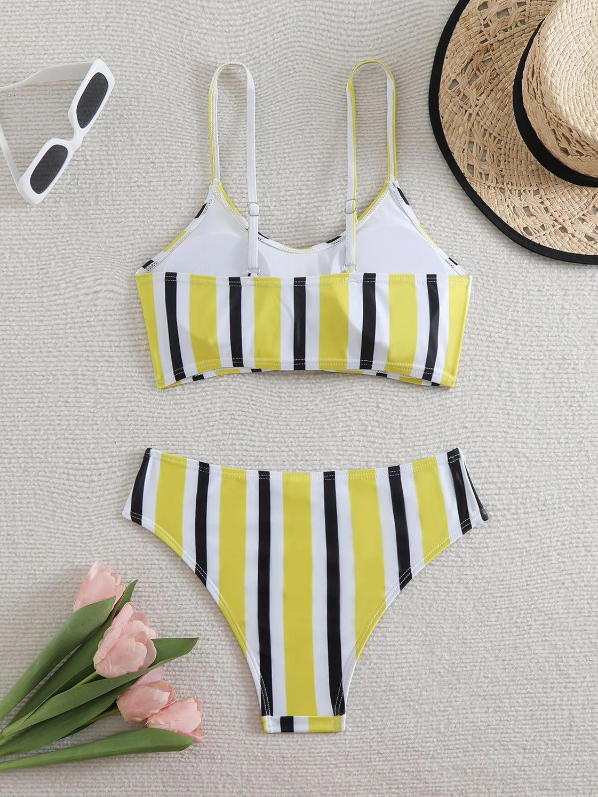 1940s Spaghetti Strap Bow Contrast Stripes Bikini - Image 5