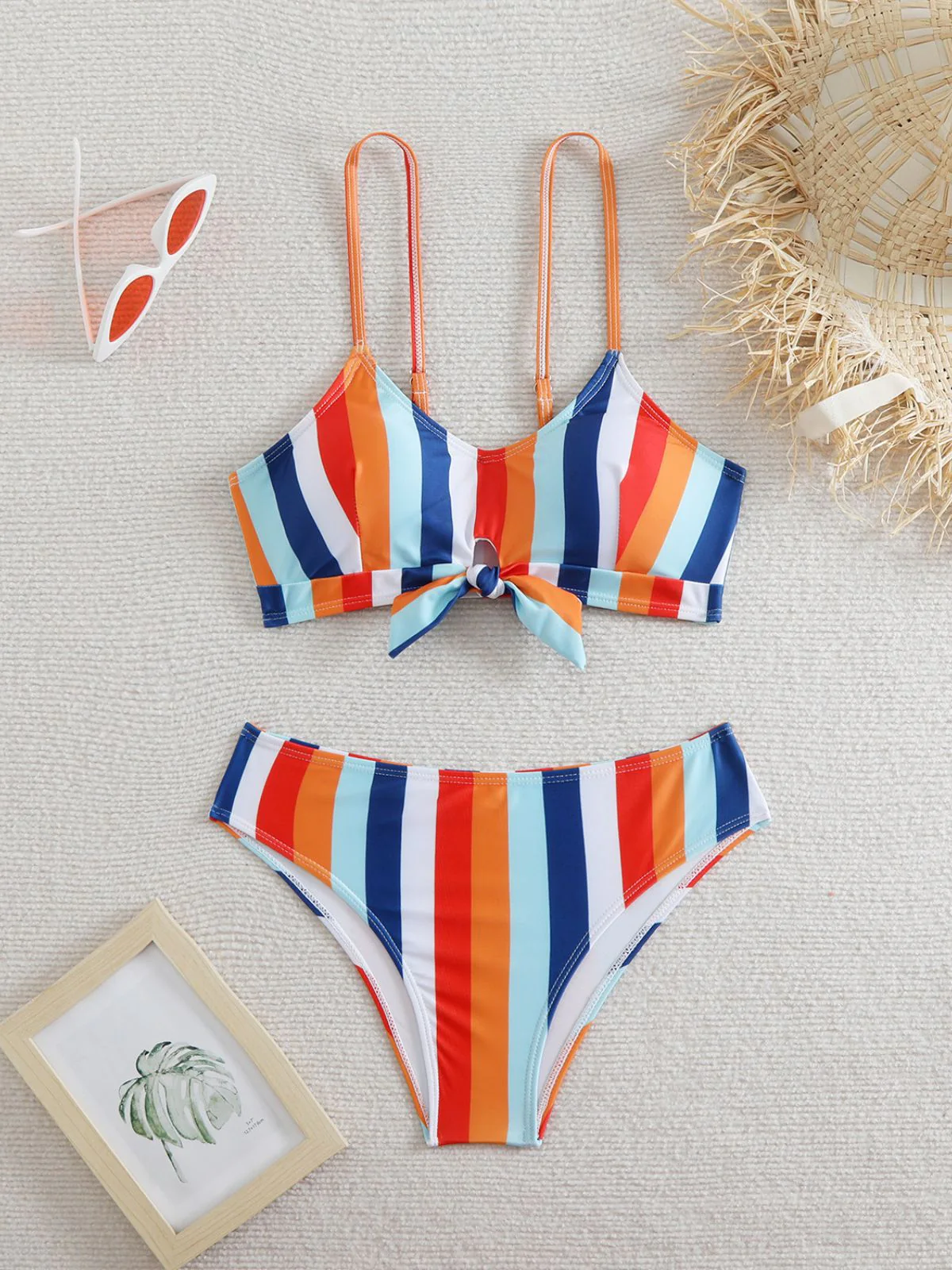 1940s Spaghetti Strap Bow Contrast Stripes Bikini - Image 9