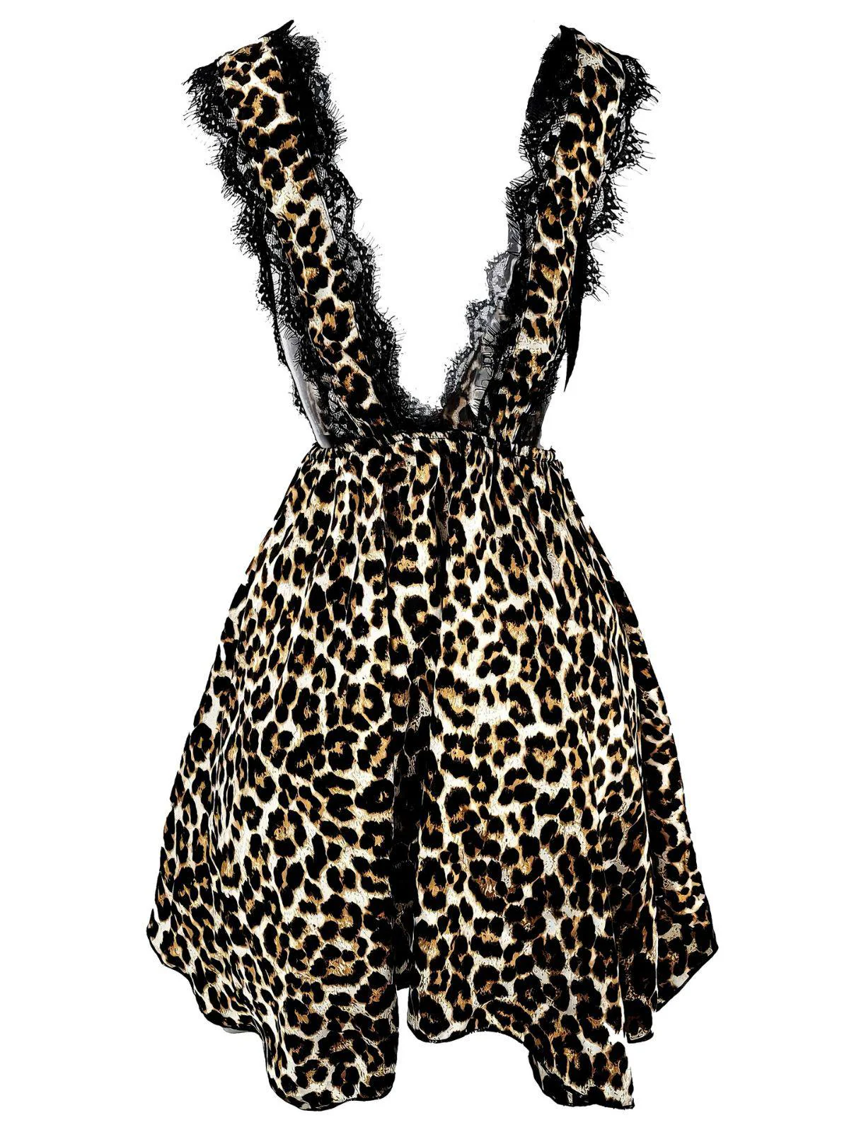 1940s Lace Trim Leopard Print Satin Deep V Nightgown - Image 2