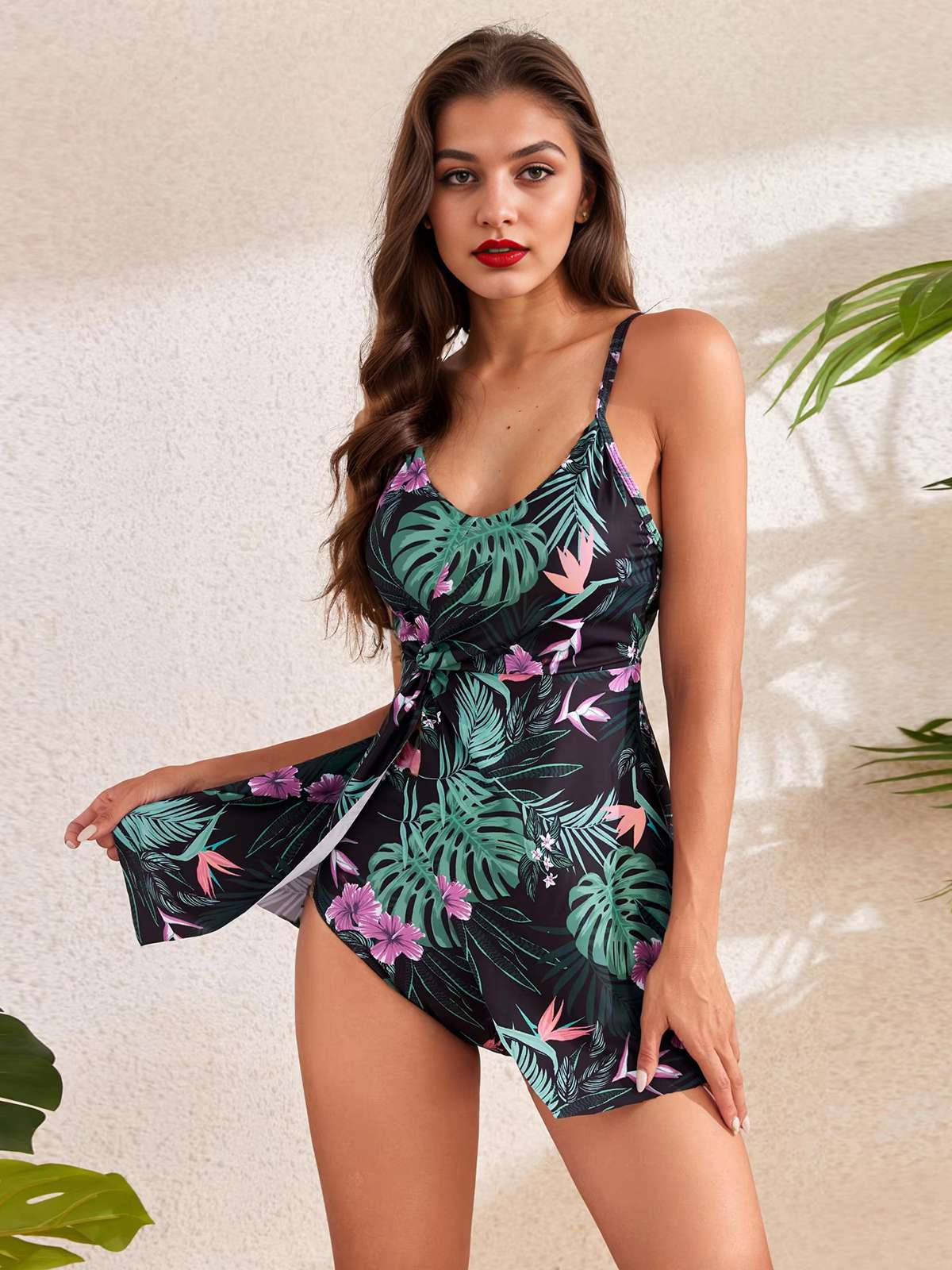 1940s Spaghetti Straps Floral Print Skirt Swimsuit - Image 4