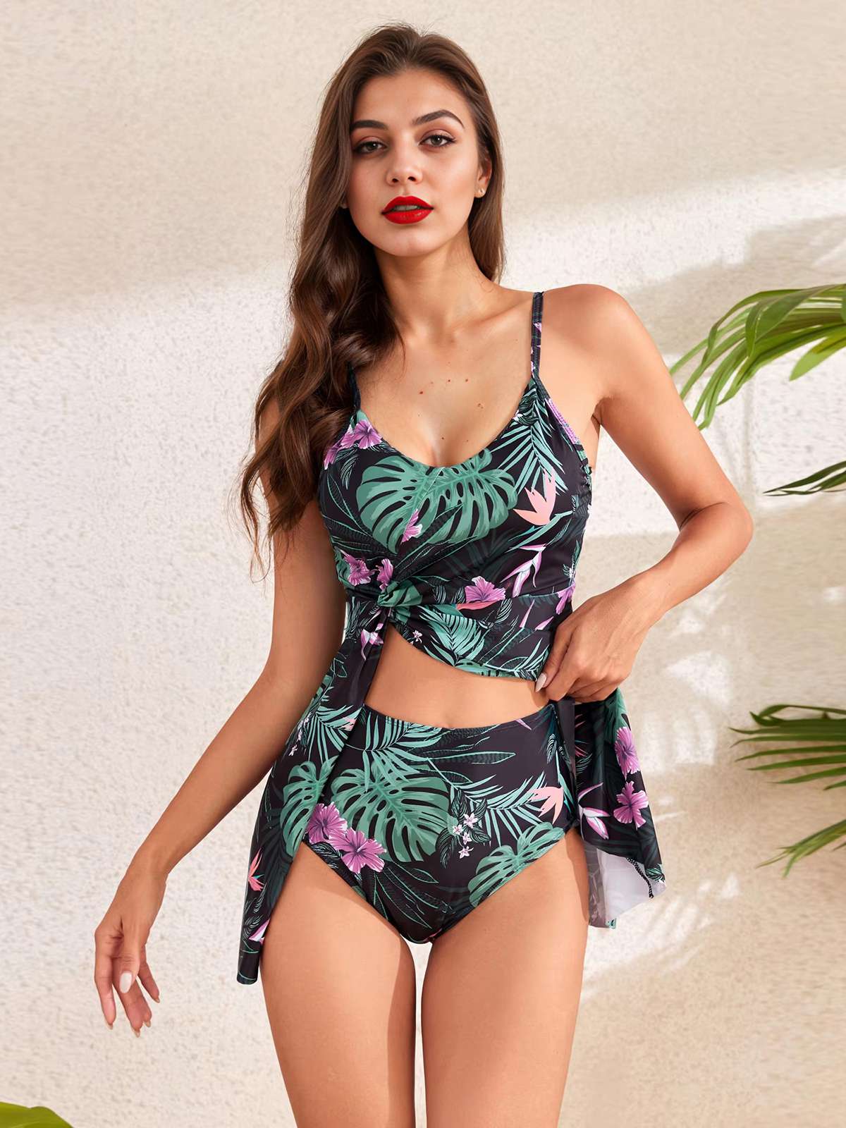 1940s Spaghetti Straps Floral Print Skirt Swimsuit - Image 6