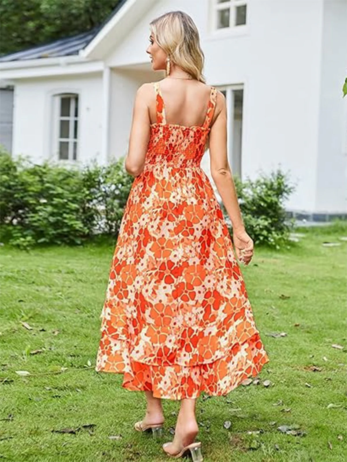 1940s Square Neck Irregular Floral Pleated Dress - Image 10