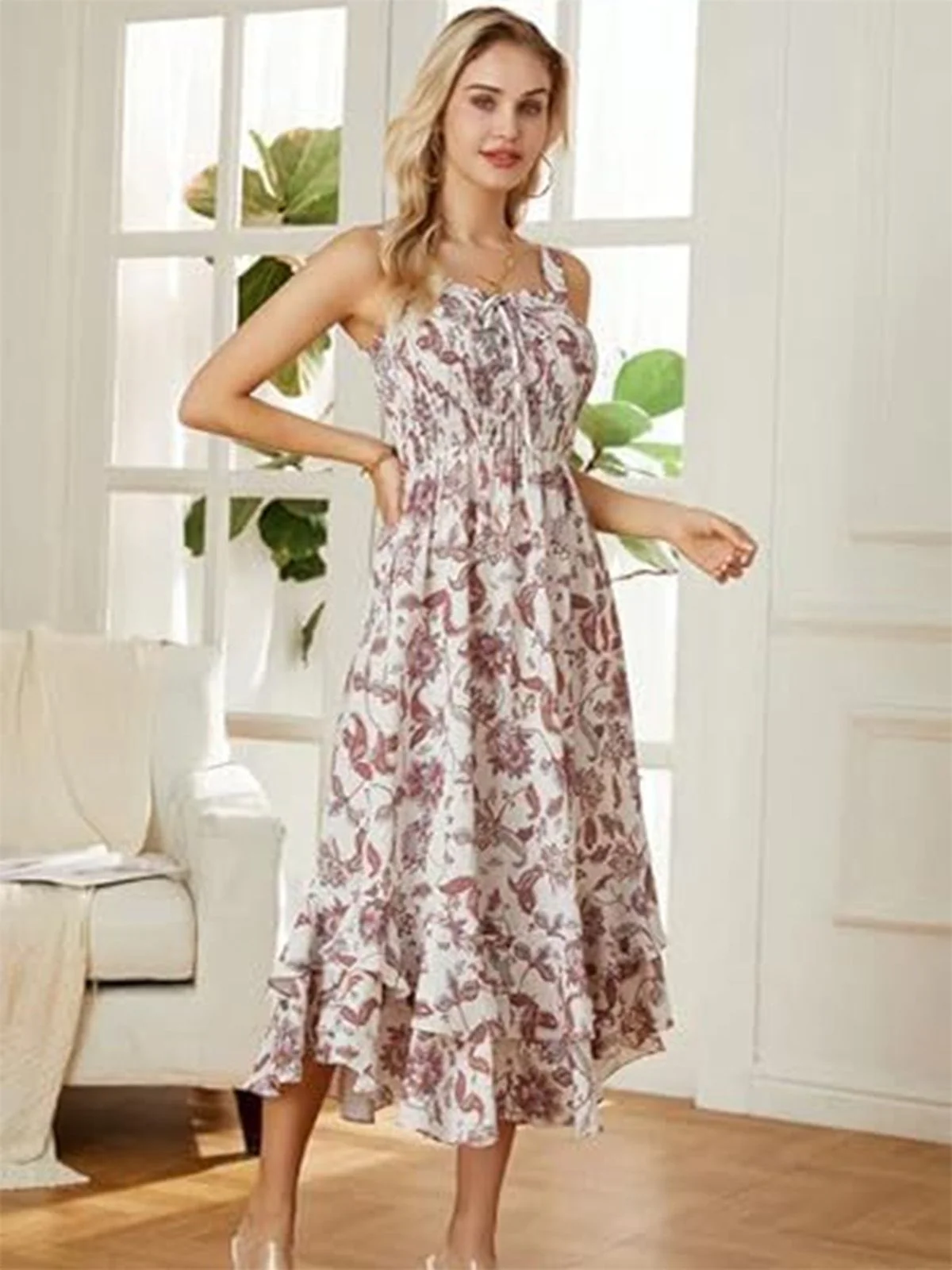 1940s Square Neck Irregular Floral Pleated Dress - Image 13