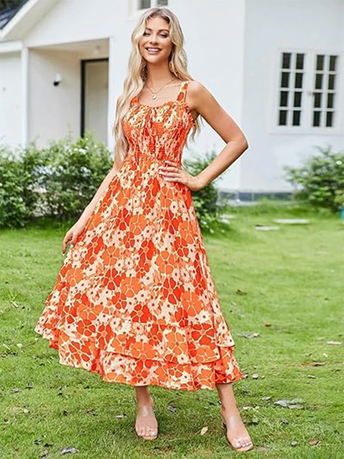 1940s Square Neck Irregular Floral Pleated Dress - Image 9