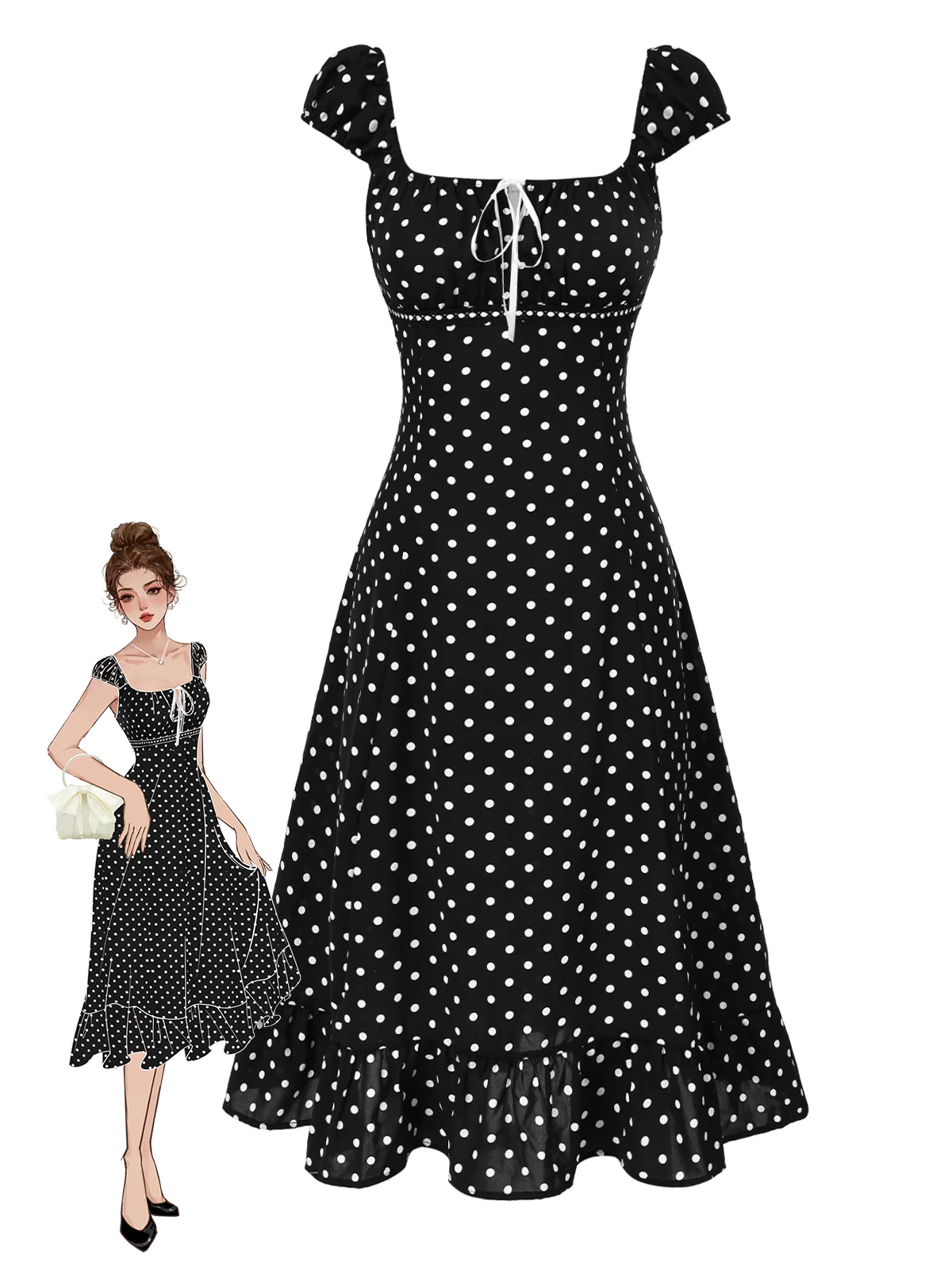1940s Square Neck Polka Dot Ruffle Dress - Image 4