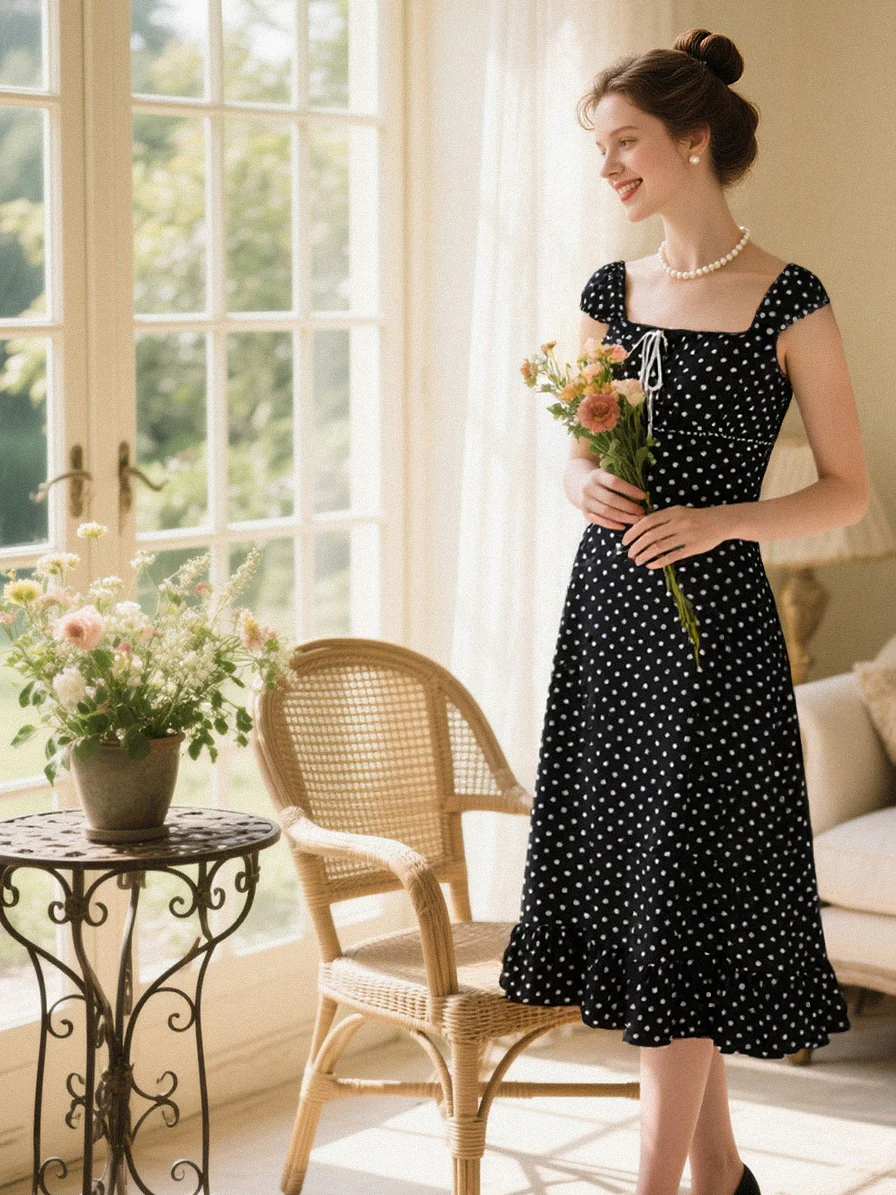 1940s Square Neck Polka Dot Ruffle Dress - Image 2