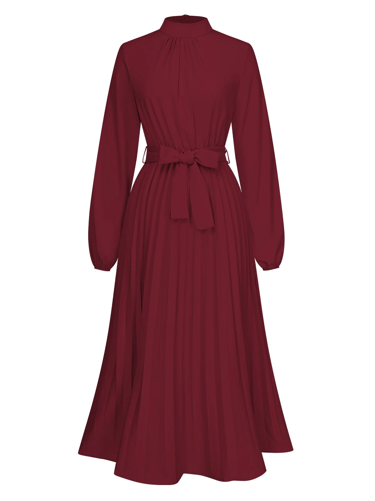 1940s Stand Collar Solid Pleated Dress - Image 2