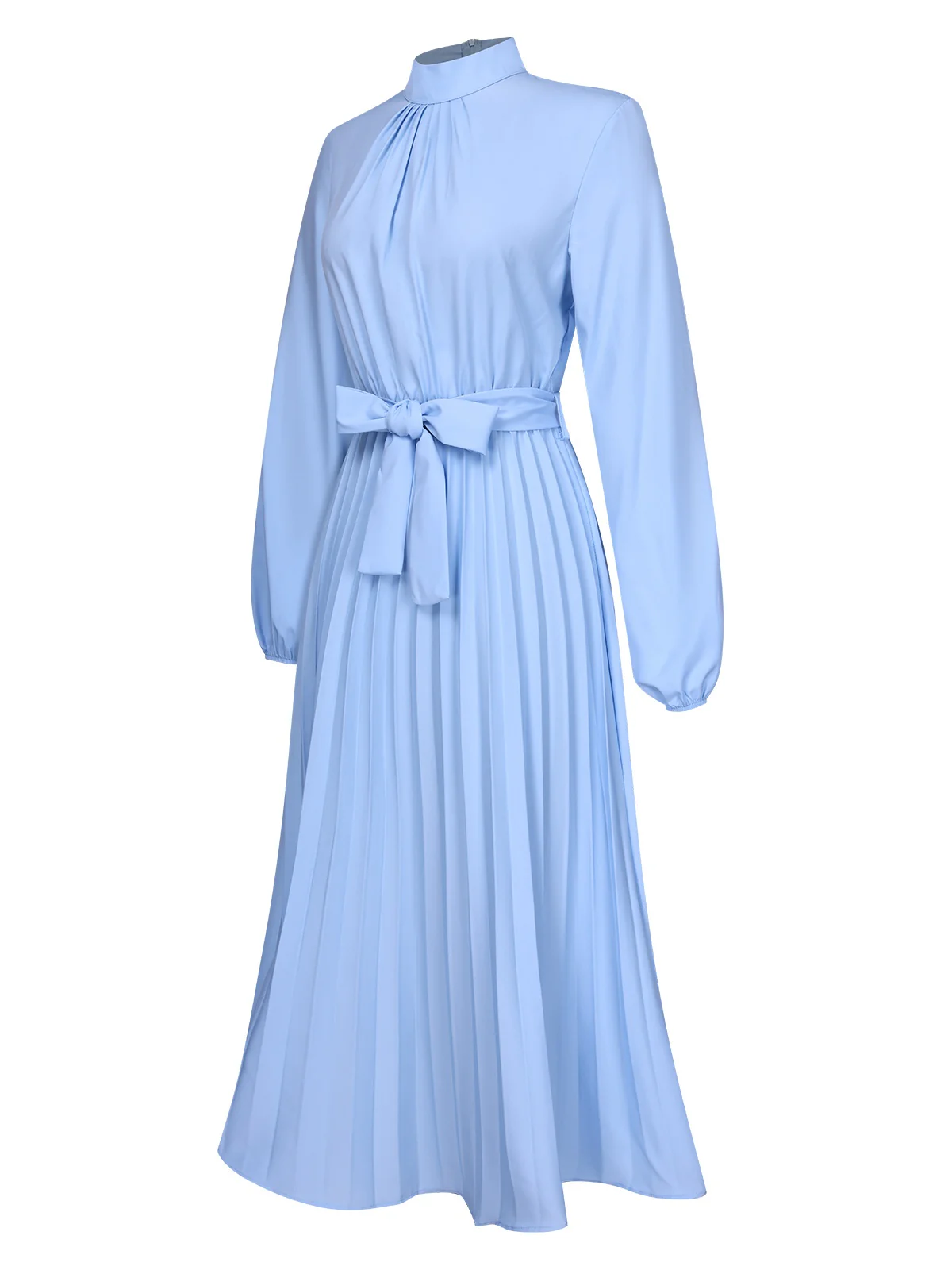 1940s Stand Collar Solid Pleated Dress - Image 4