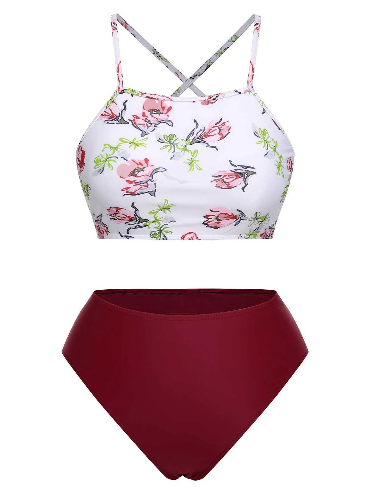 1940s Strap Contrast Floral Lace-Up Swimsuit - Image 2