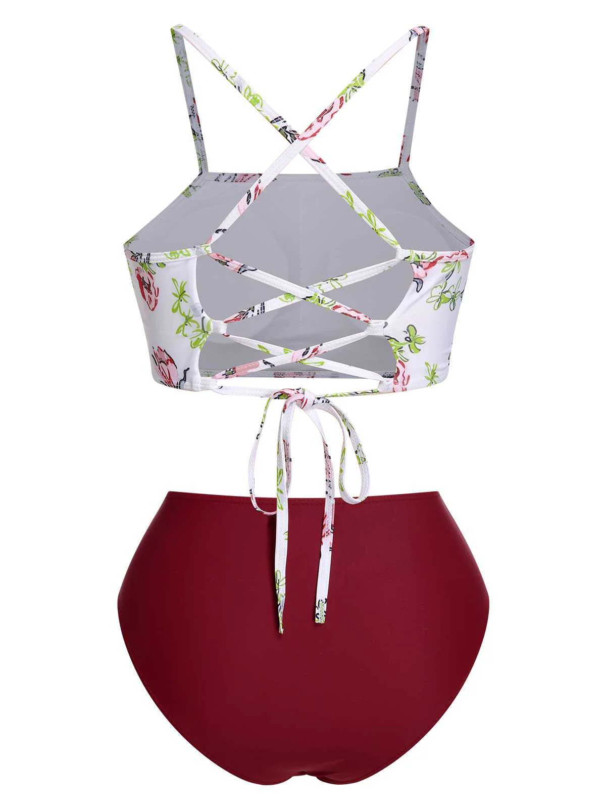 1940s Strap Contrast Floral Lace-Up Swimsuit - Image 4