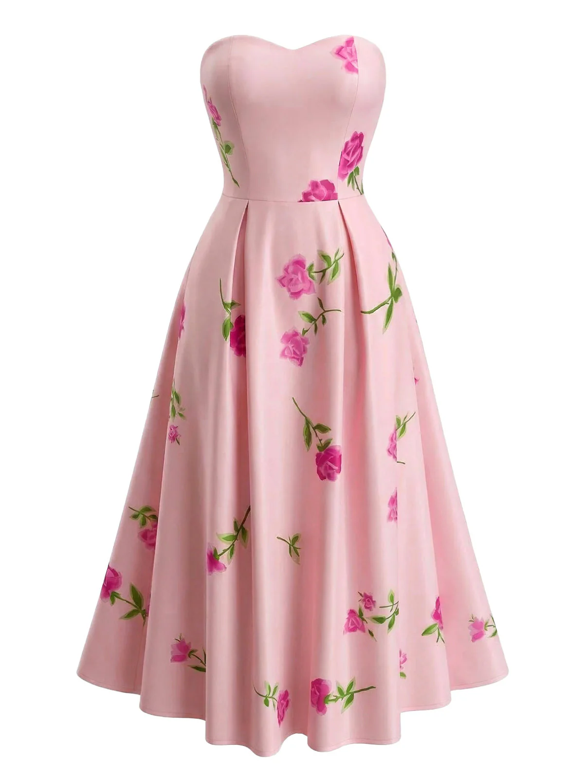 1940s Strapless Floral High Waist Swing Dress - Image 2