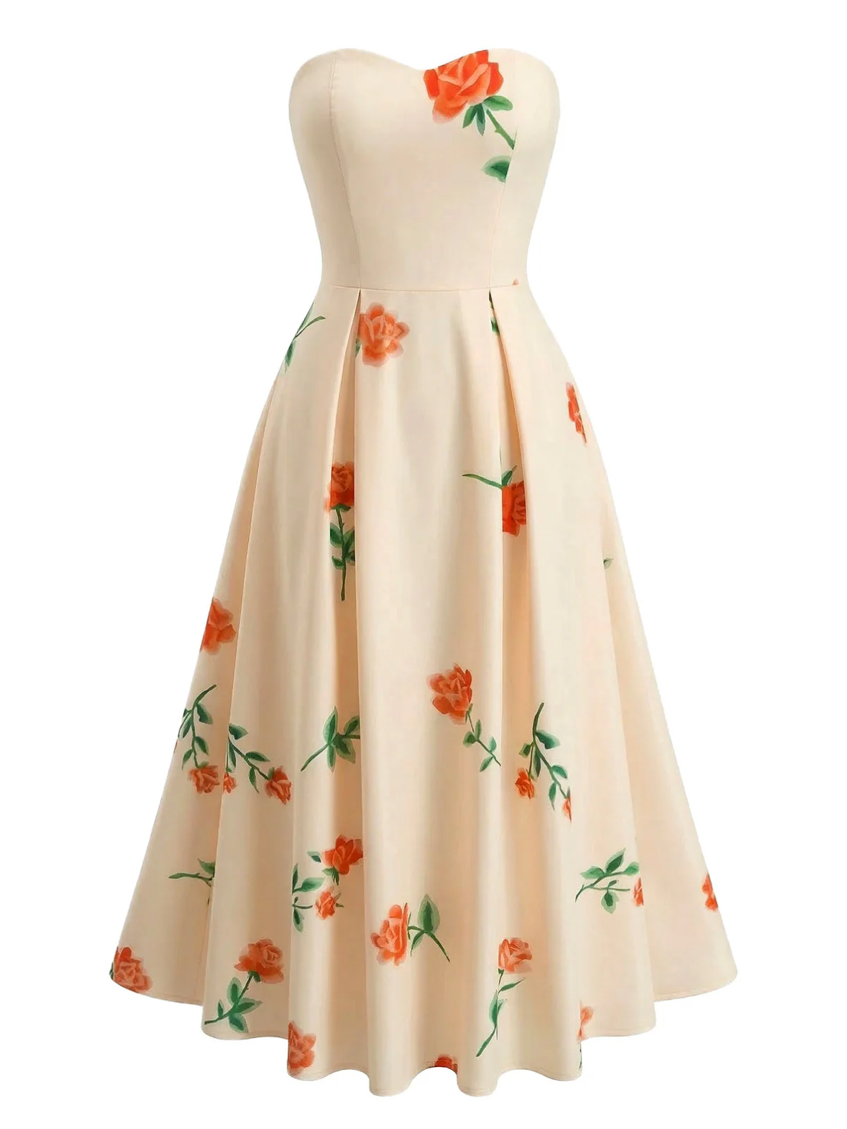 1940s Strapless Floral High Waist Swing Dress - Image 4