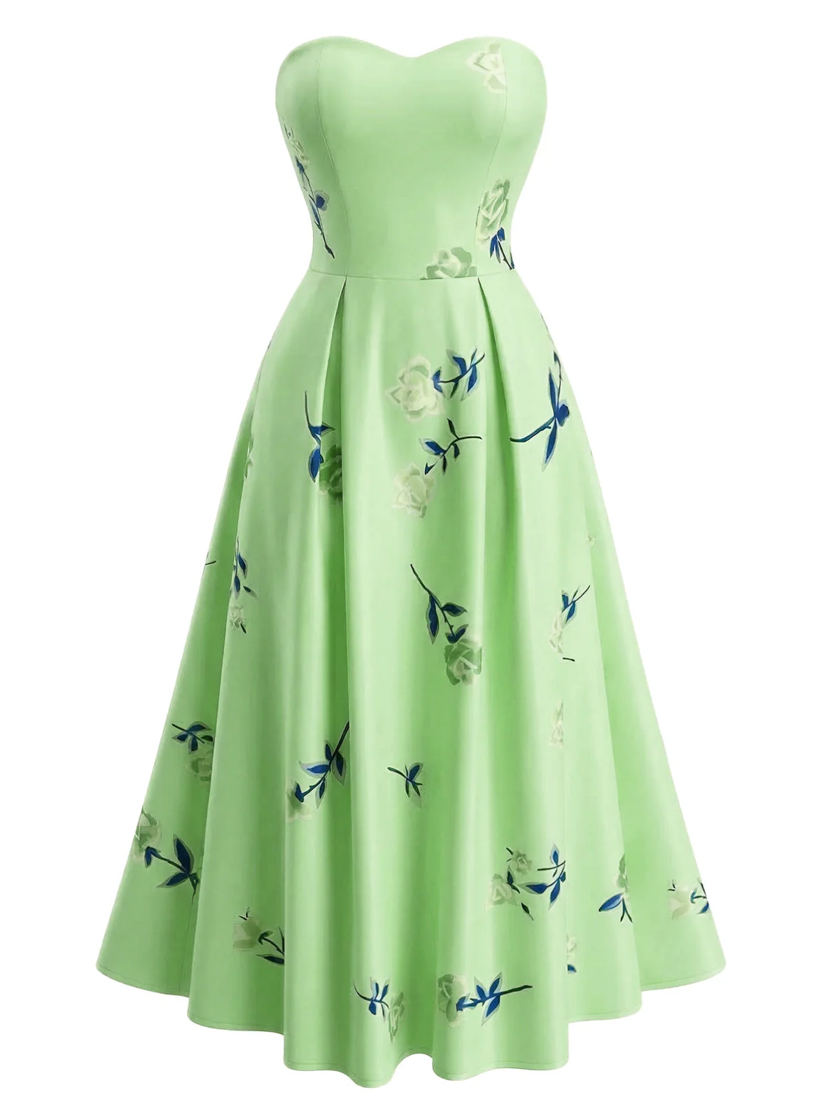 1940s Strapless Floral High Waist Swing Dress - Image 6